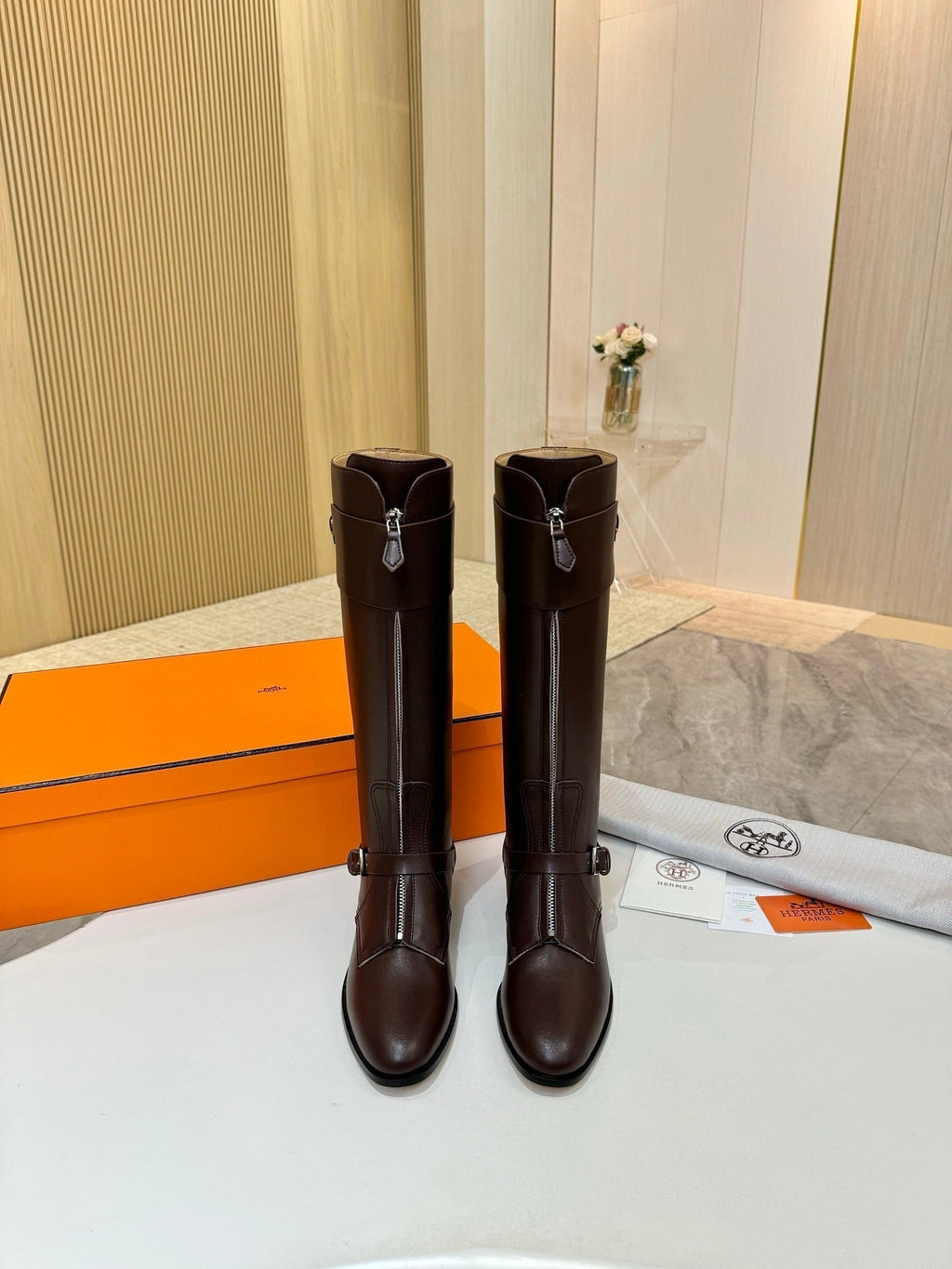 HERMES 25S RIDING BOOTS IN DARK BROWN LAMBSKIN WITH SILVER HARDWARE
