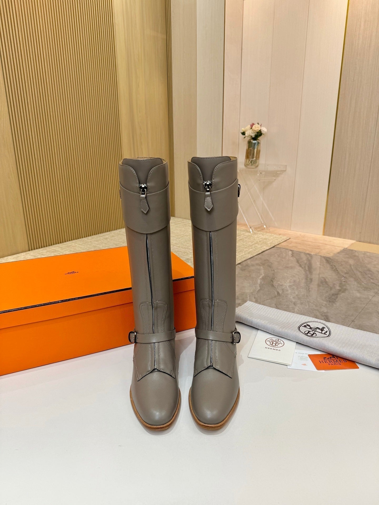 HERMES 25S RIDING BOOTS IN GREY LAMBSKIN WITH SILVER HARDWARE
