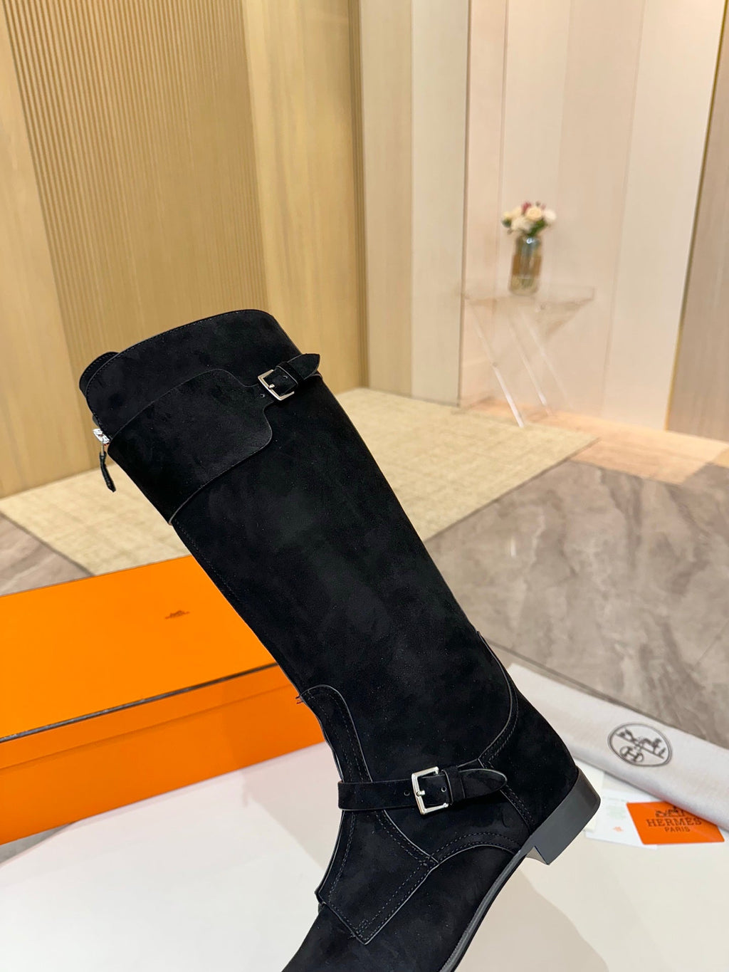 HERMES 25S RIDING BOOTS IN BLACK SUEDE WITH SILVER HARDWARE