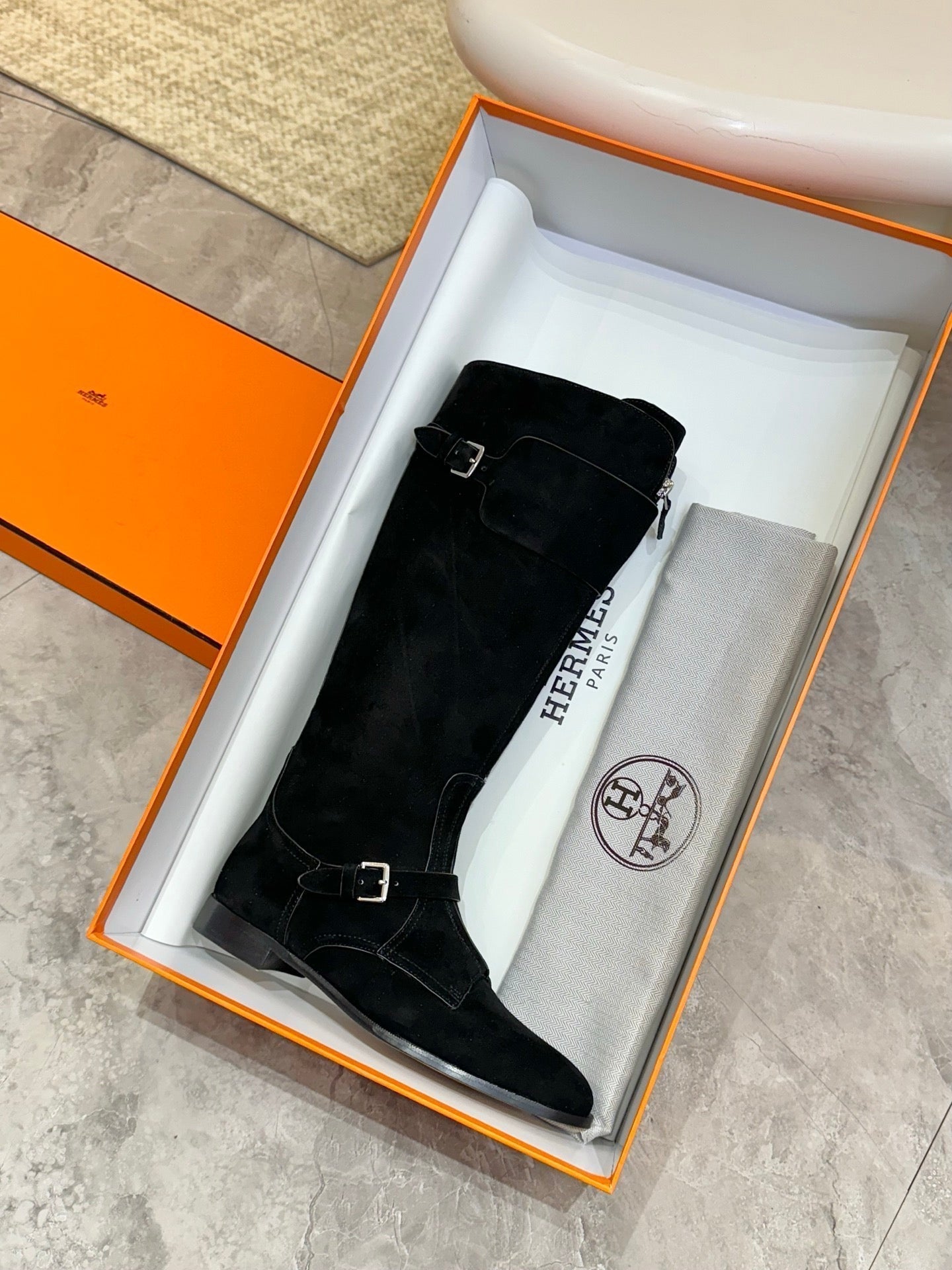 HERMES 25S RIDING BOOTS IN BLACK SUEDE WITH SILVER HARDWARE