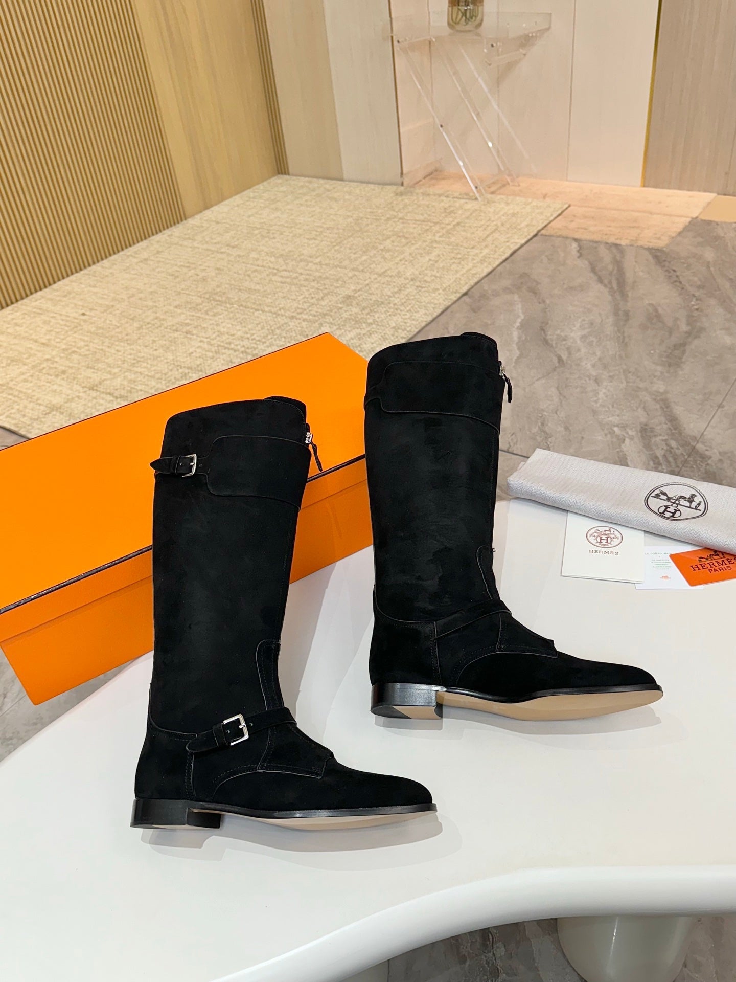 HERMES 25S RIDING BOOTS IN BLACK SUEDE WITH SILVER HARDWARE