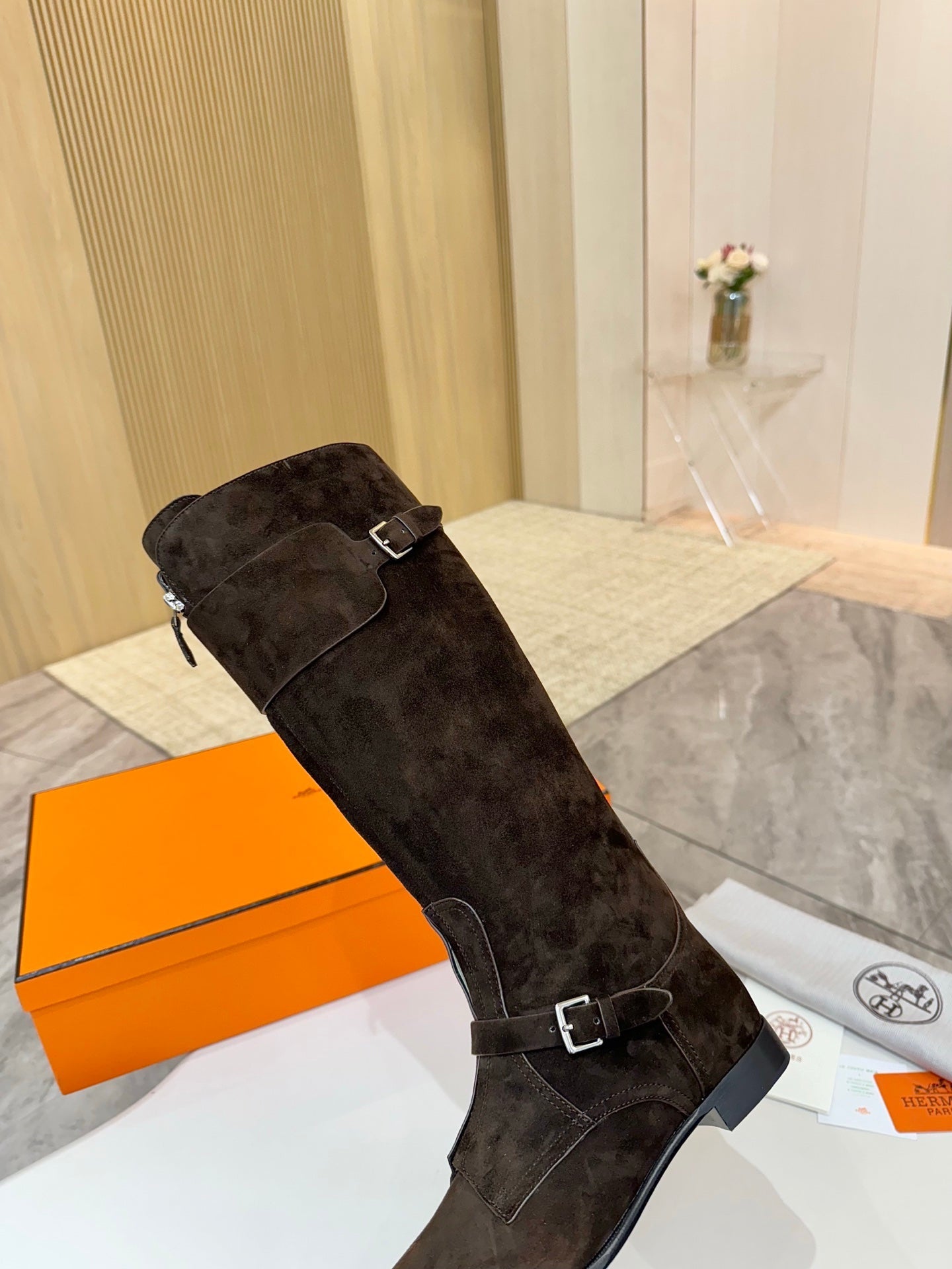 HERMES 25S RIDING BOOTS IN DARK COFFEE BROWN SUEDE WITH SILVER HARDWARE