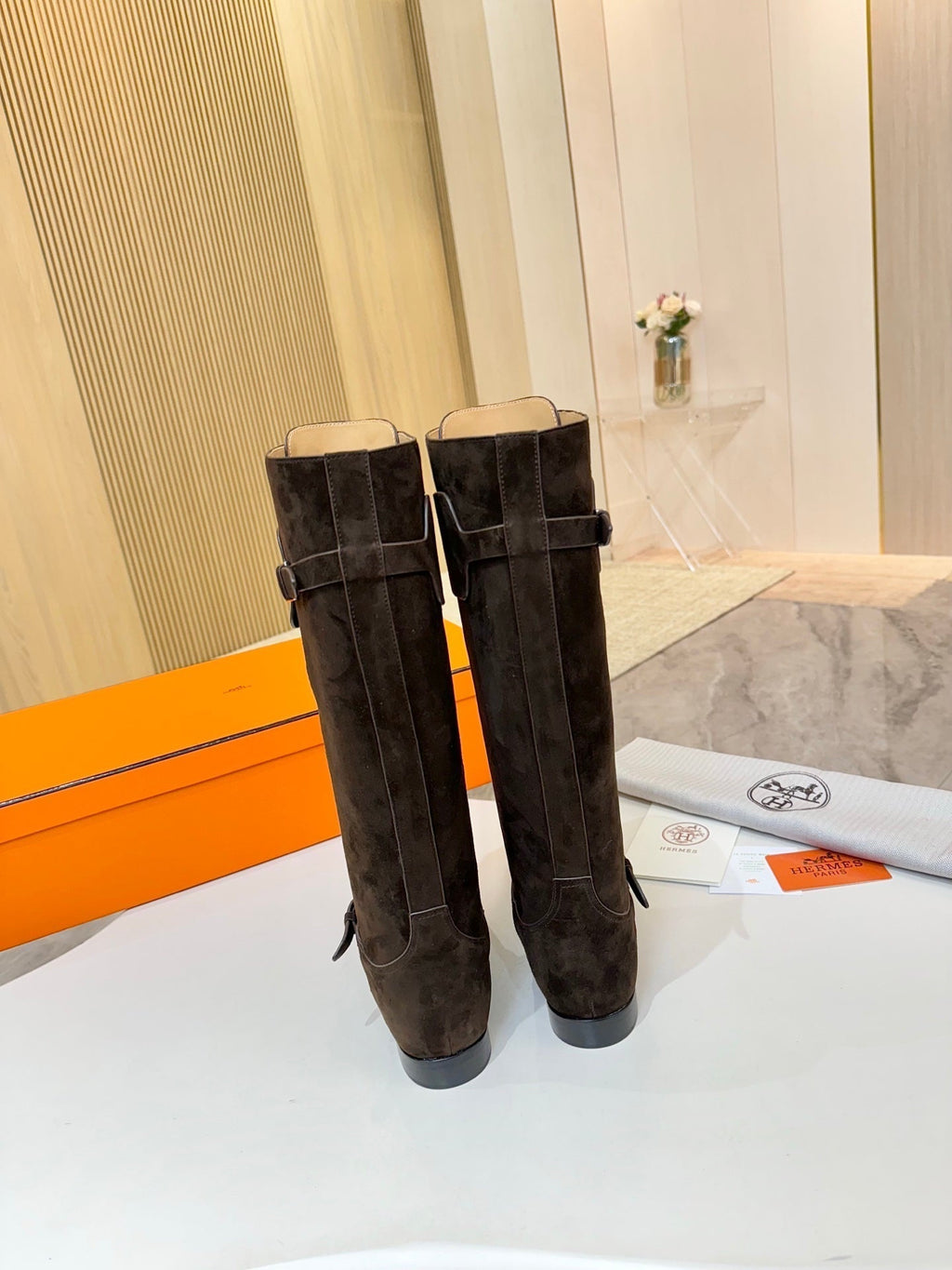 HERMES 25S RIDING BOOTS IN DARK COFFEE BROWN SUEDE WITH SILVER HARDWARE
