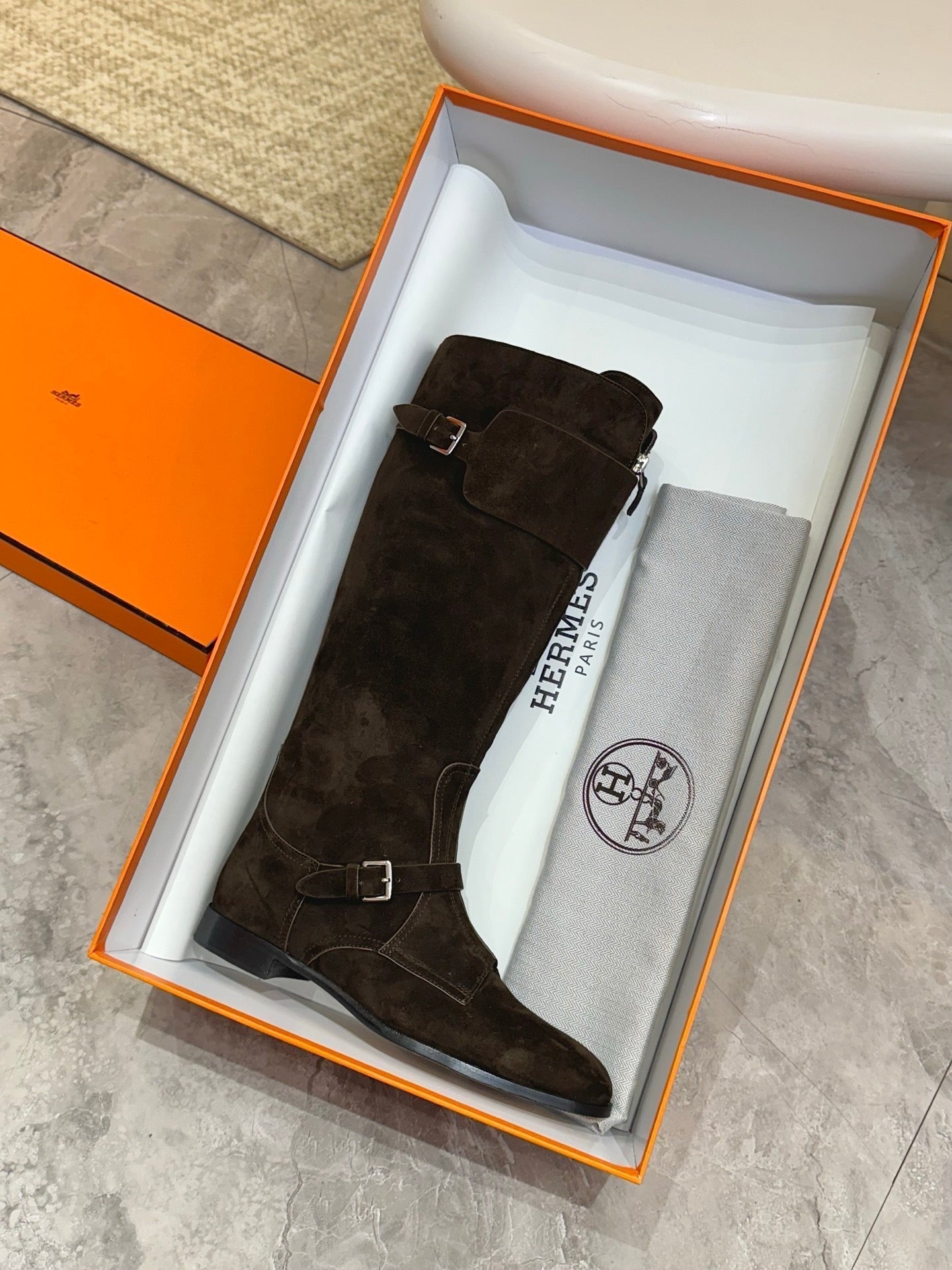 HERMES 25S RIDING BOOTS IN DARK COFFEE BROWN SUEDE WITH SILVER HARDWARE