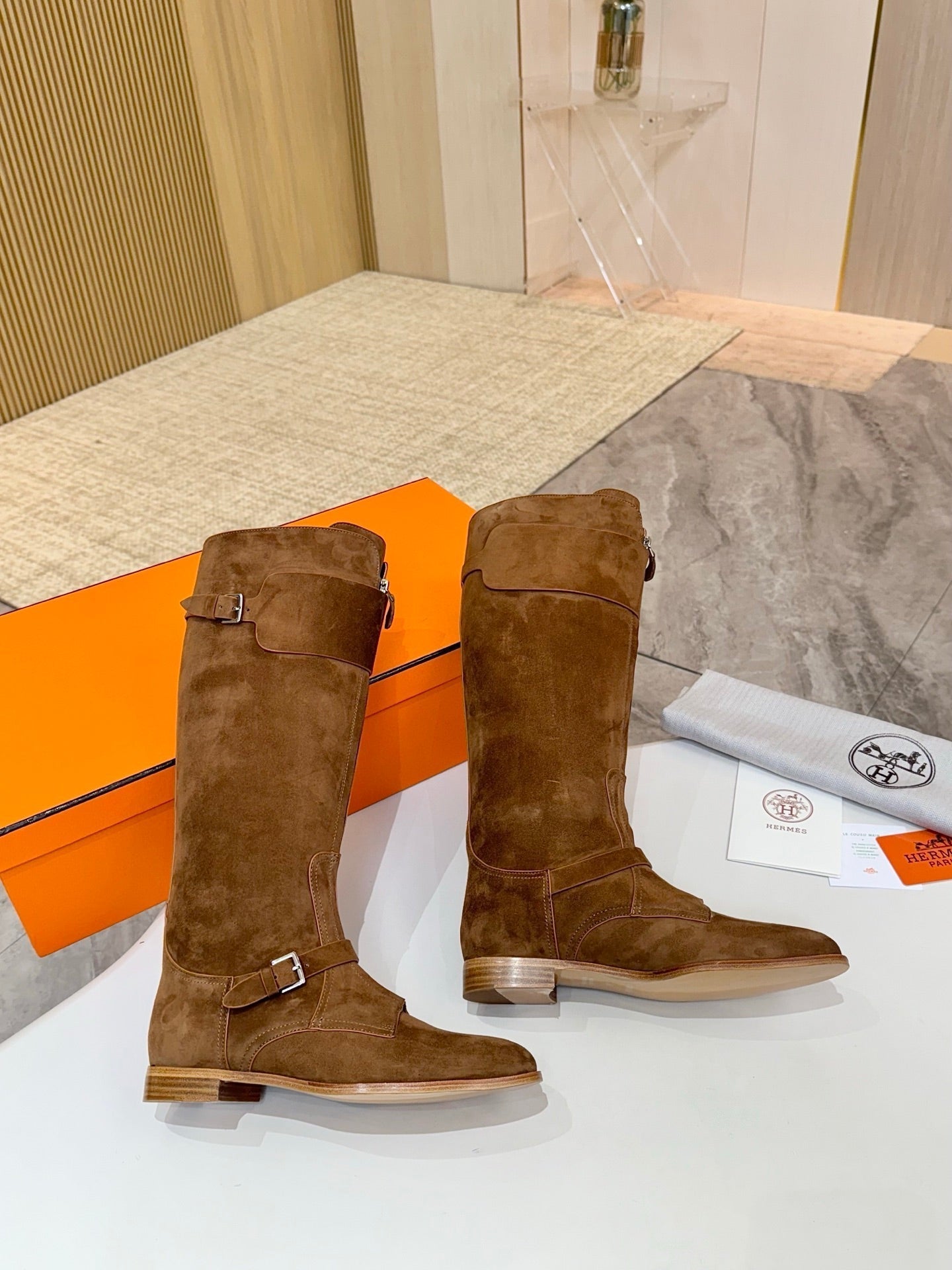HERMES 25S RIDING BOOTS IN BROWN SUEDE WITH SILVER HARDWARE