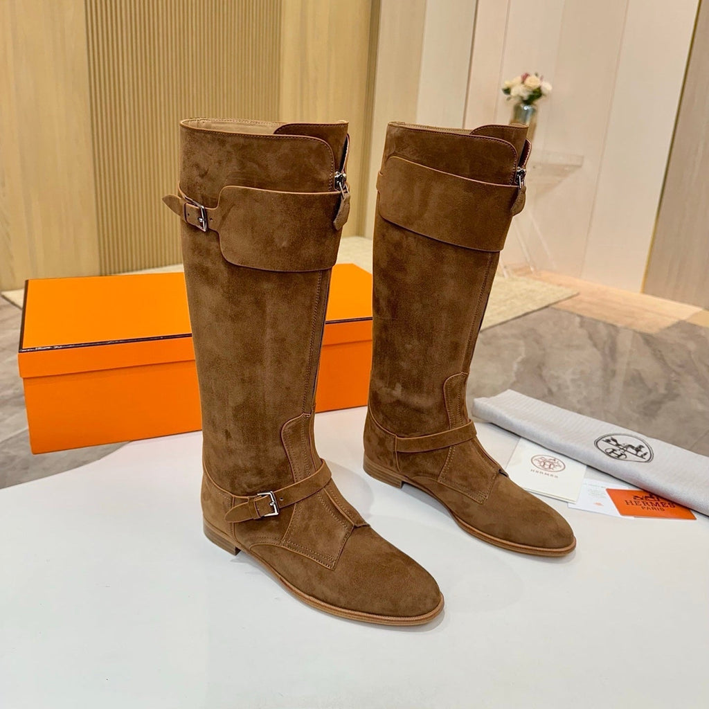 HERMES 25S RIDING BOOTS IN BROWN SUEDE WITH SILVER HARDWARE