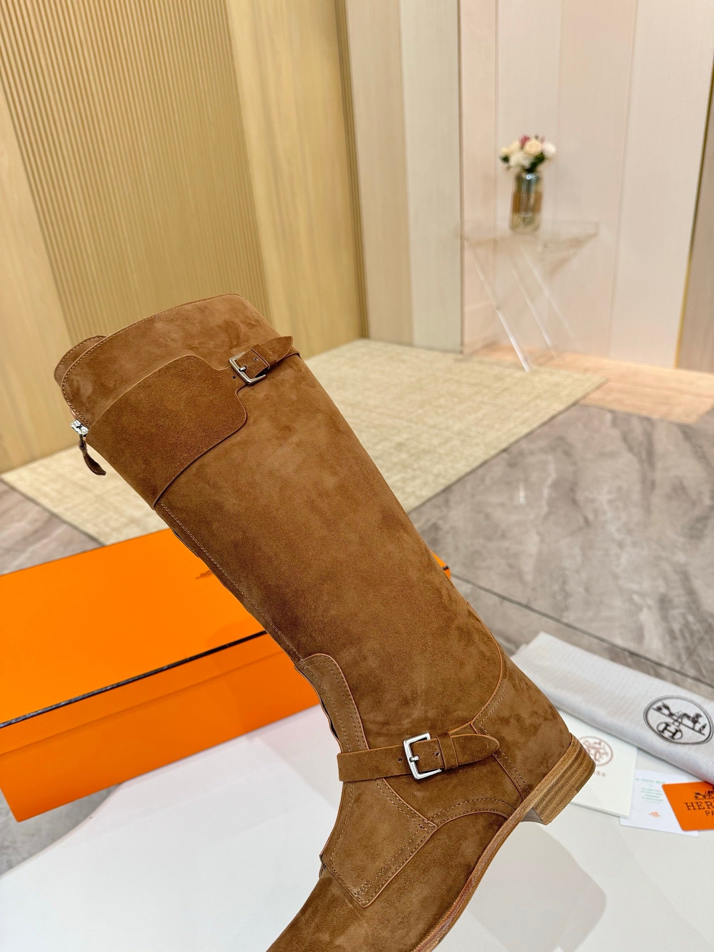 HERMES 25S RIDING BOOTS IN BROWN SUEDE WITH SILVER HARDWARE