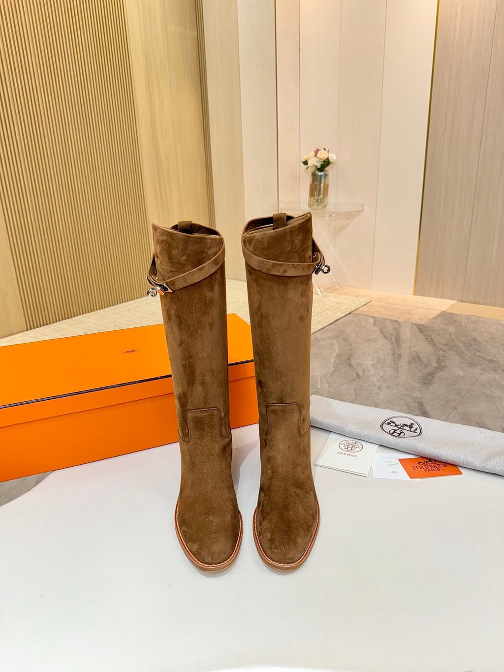 HERMES 25S JUMPING KNEE-HIGH BOOTS IN BROWN SUEDE WITH SILVER HARDWARE
