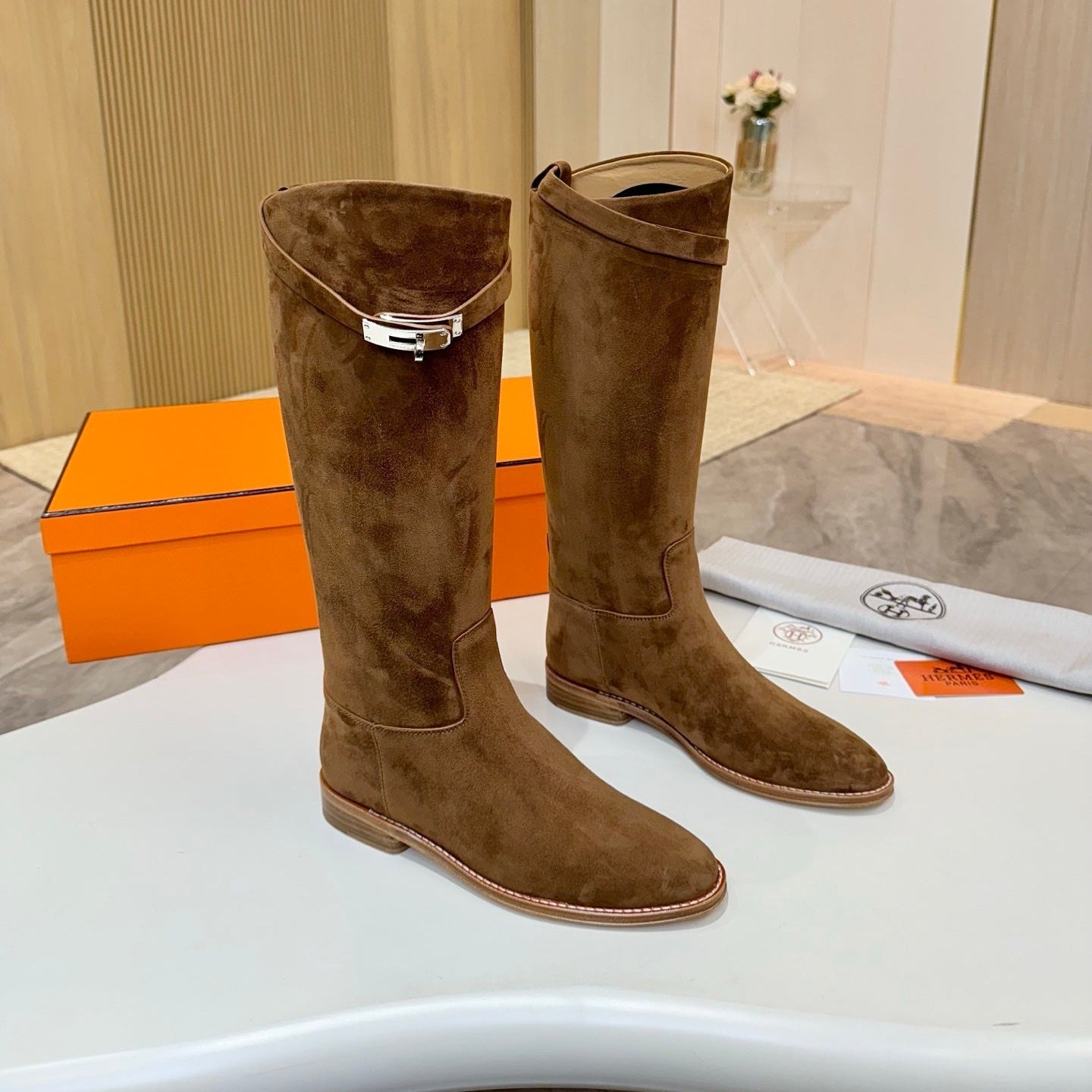 HERMES 25S JUMPING KNEE-HIGH BOOTS IN BROWN SUEDE WITH SILVER HARDWARE