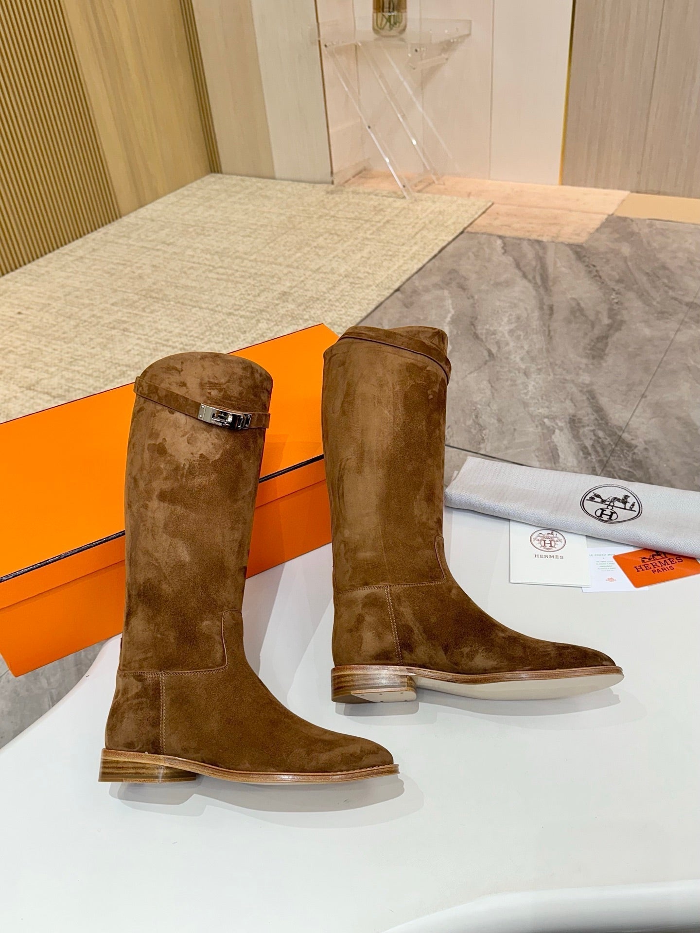 HERMES 25S JUMPING KNEE-HIGH BOOTS IN BROWN SUEDE WITH SILVER HARDWARE