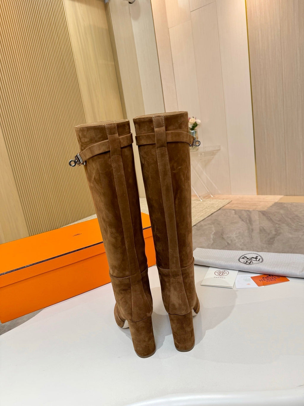 HERMES 25S KELLY KNEE-HIGH BOOTS IN BROWN SUEDE WITH SILVER HARDWARE