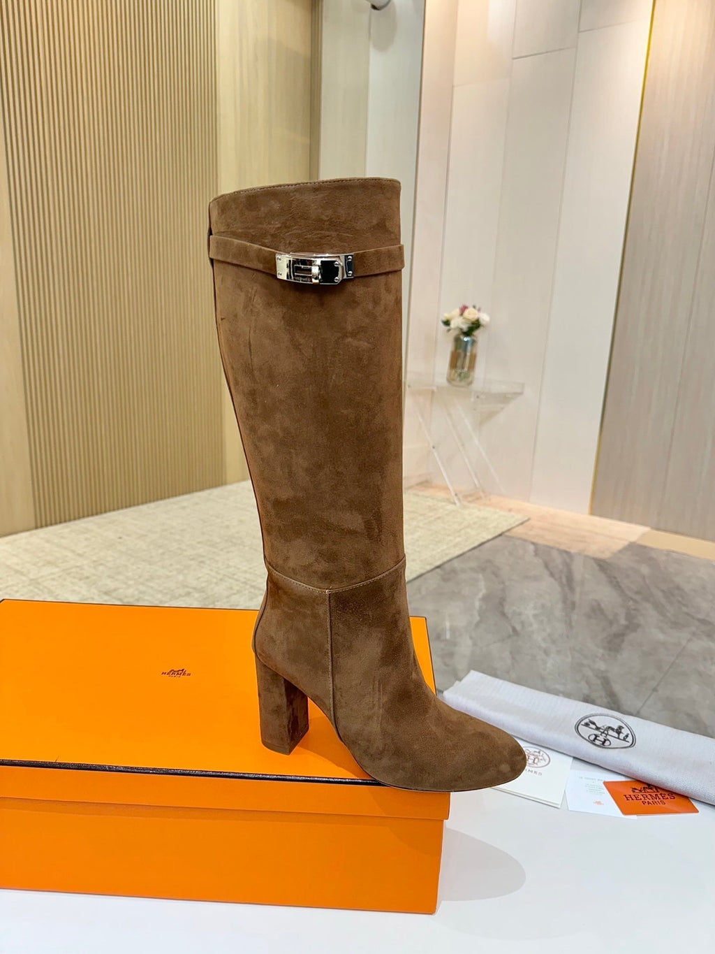 HERMES 25S KELLY KNEE-HIGH BOOTS IN BROWN SUEDE WITH SILVER HARDWARE