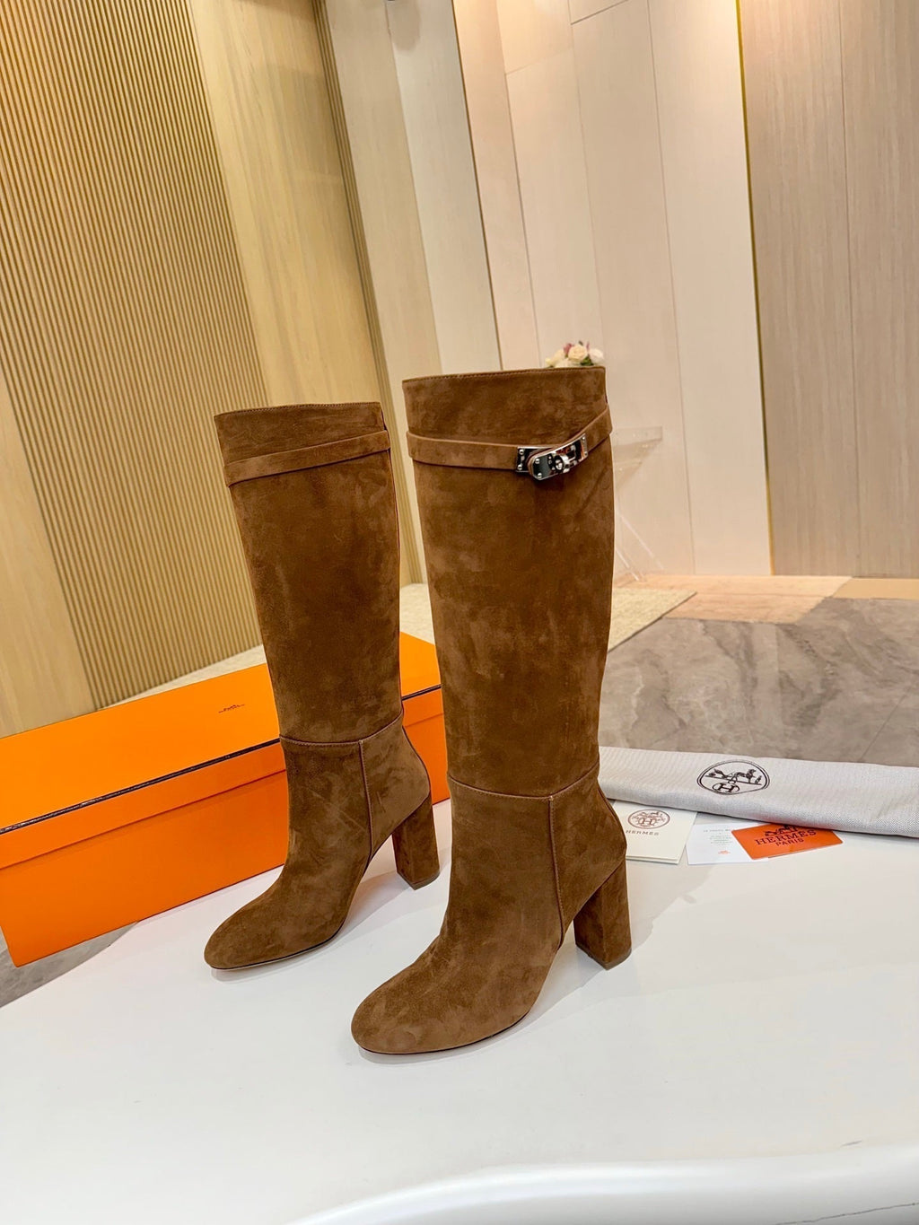 HERMES 25S KELLY KNEE-HIGH BOOTS IN BROWN SUEDE WITH SILVER HARDWARE