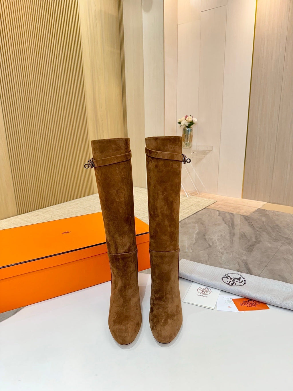 HERMES 25S KELLY KNEE-HIGH BOOTS IN BROWN SUEDE WITH SILVER HARDWARE