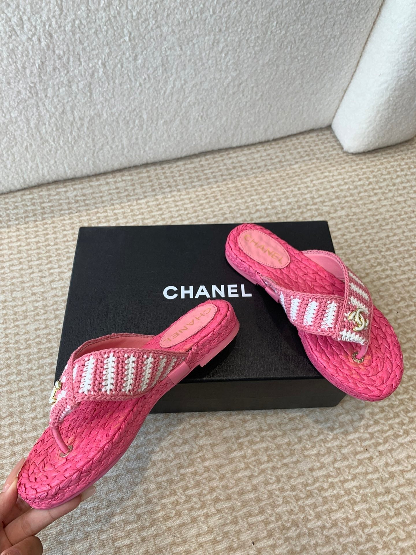 CHANEL Double C Hottest Knit Flip-Flops Bright Pink