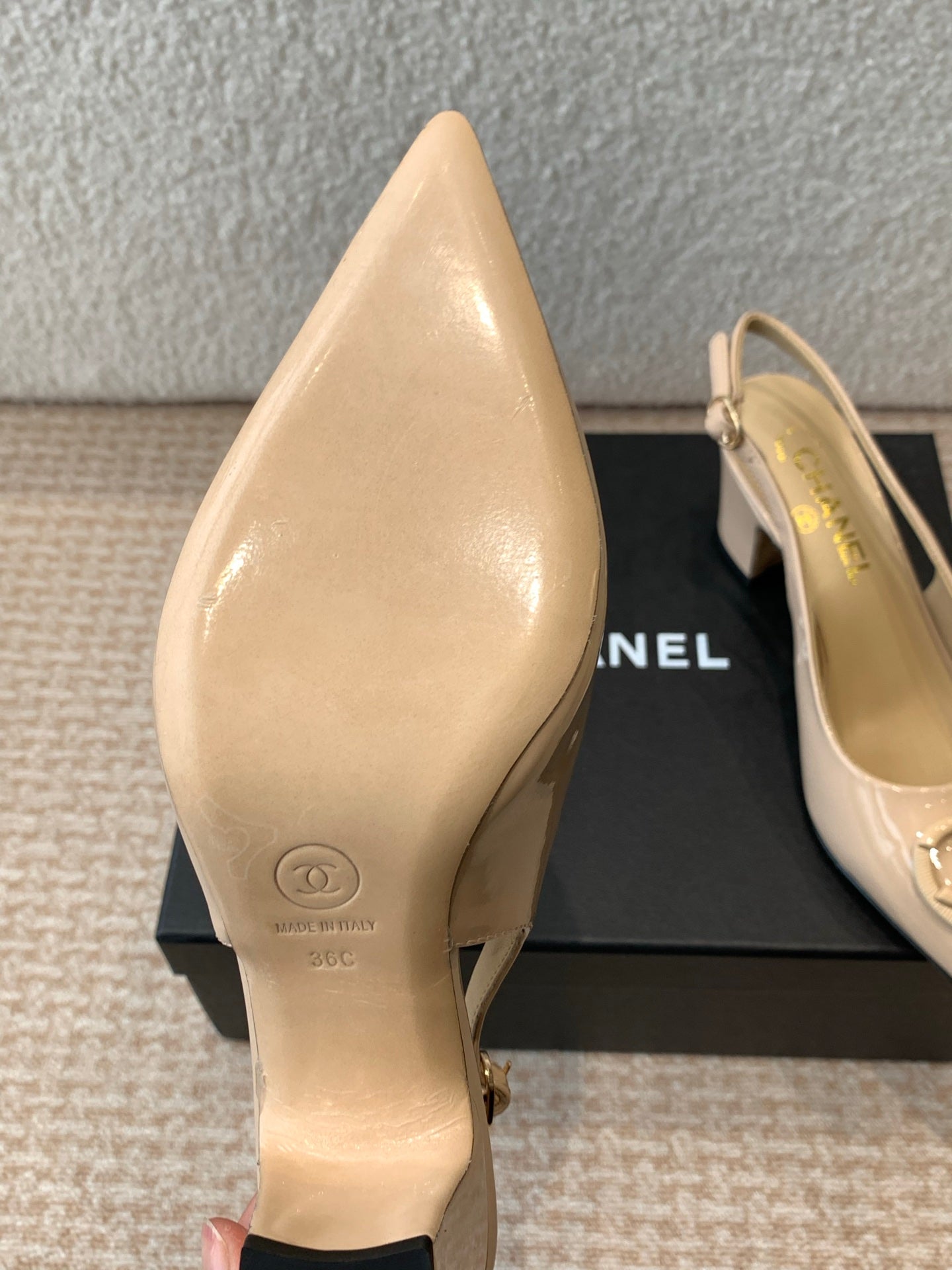 CHANEL MID-HEEL SLINGBACKS IN BISQUE BEIGE PATENT CALFSKIN