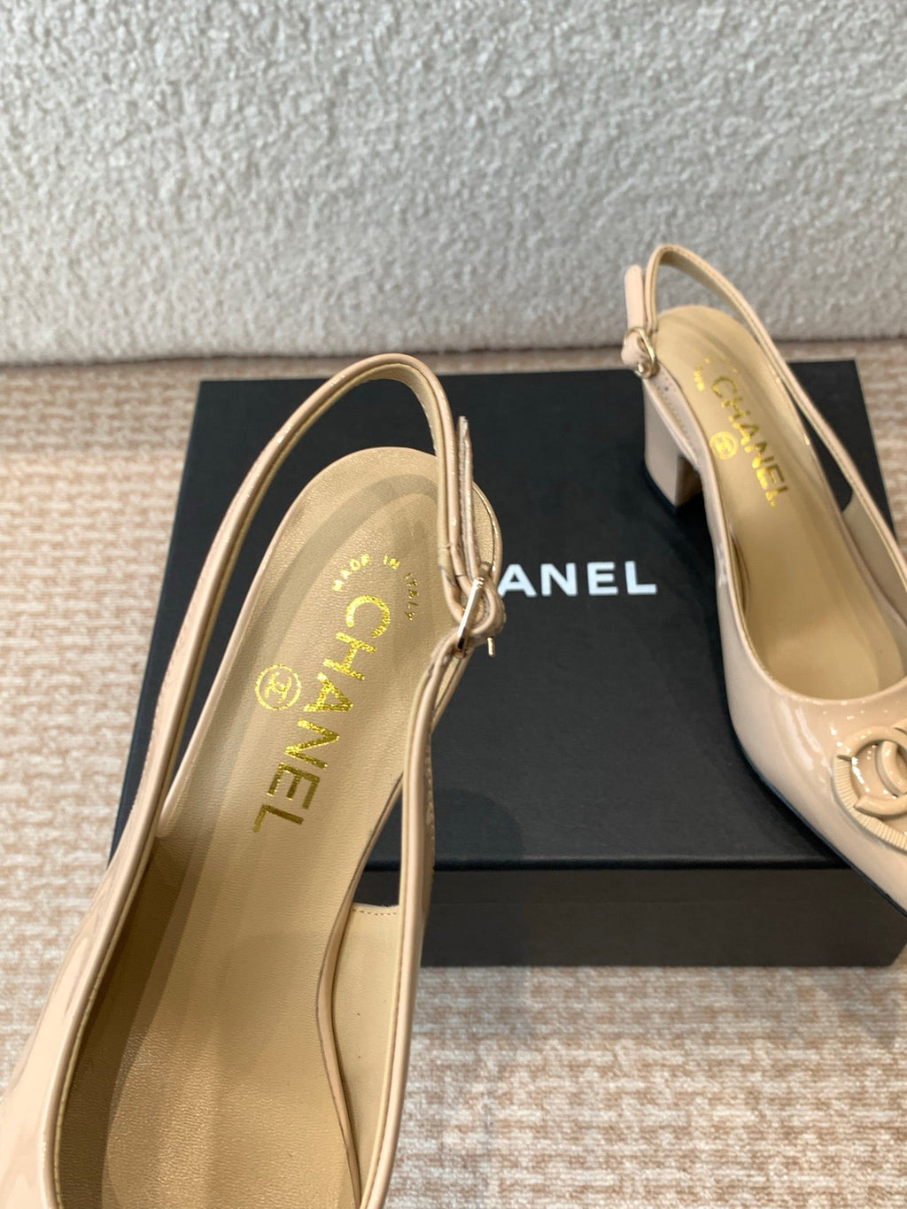 CHANEL MID-HEEL SLINGBACKS IN BISQUE BEIGE PATENT CALFSKIN