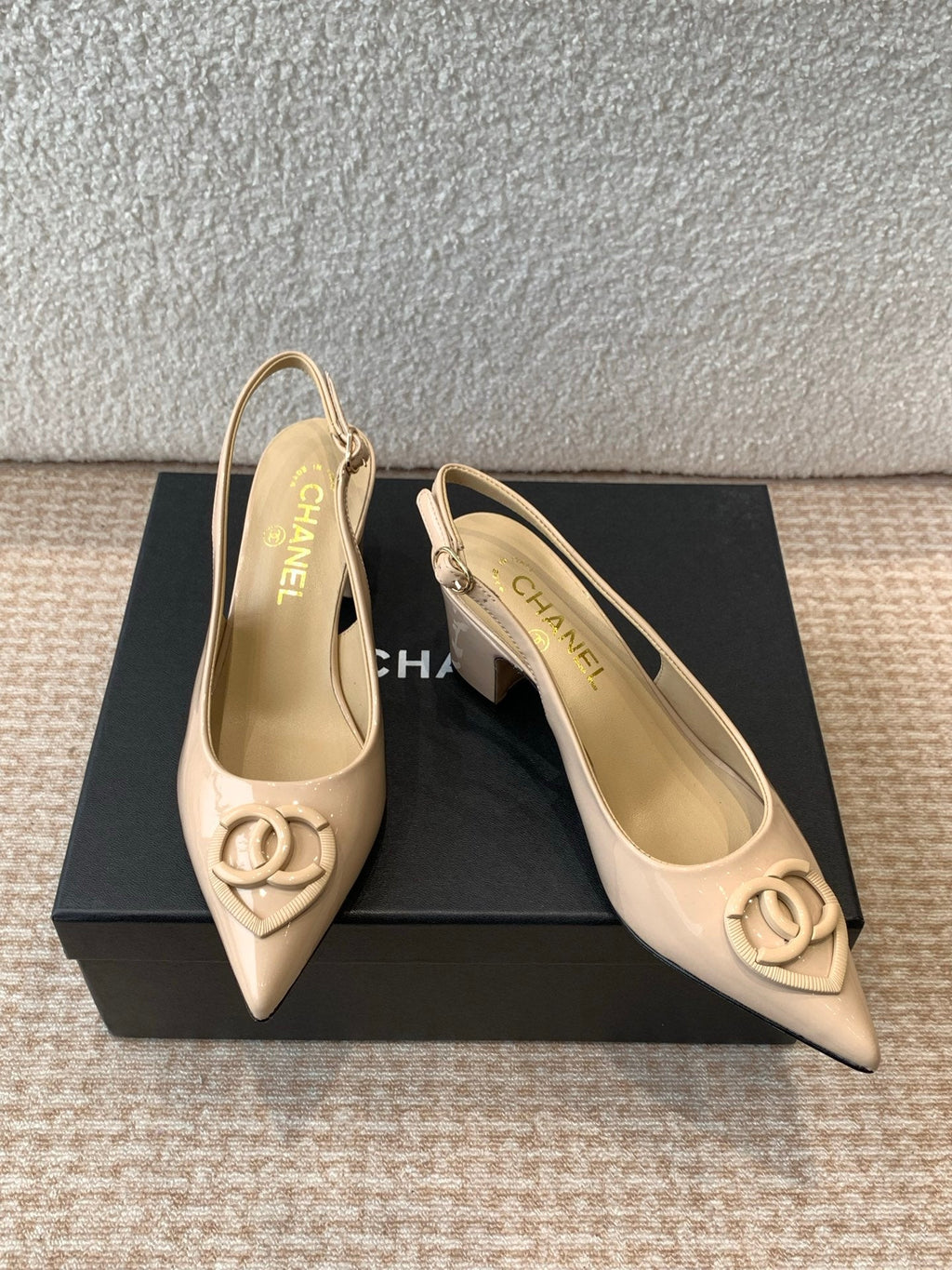 CHANEL MID-HEEL SLINGBACKS IN BISQUE BEIGE PATENT CALFSKIN