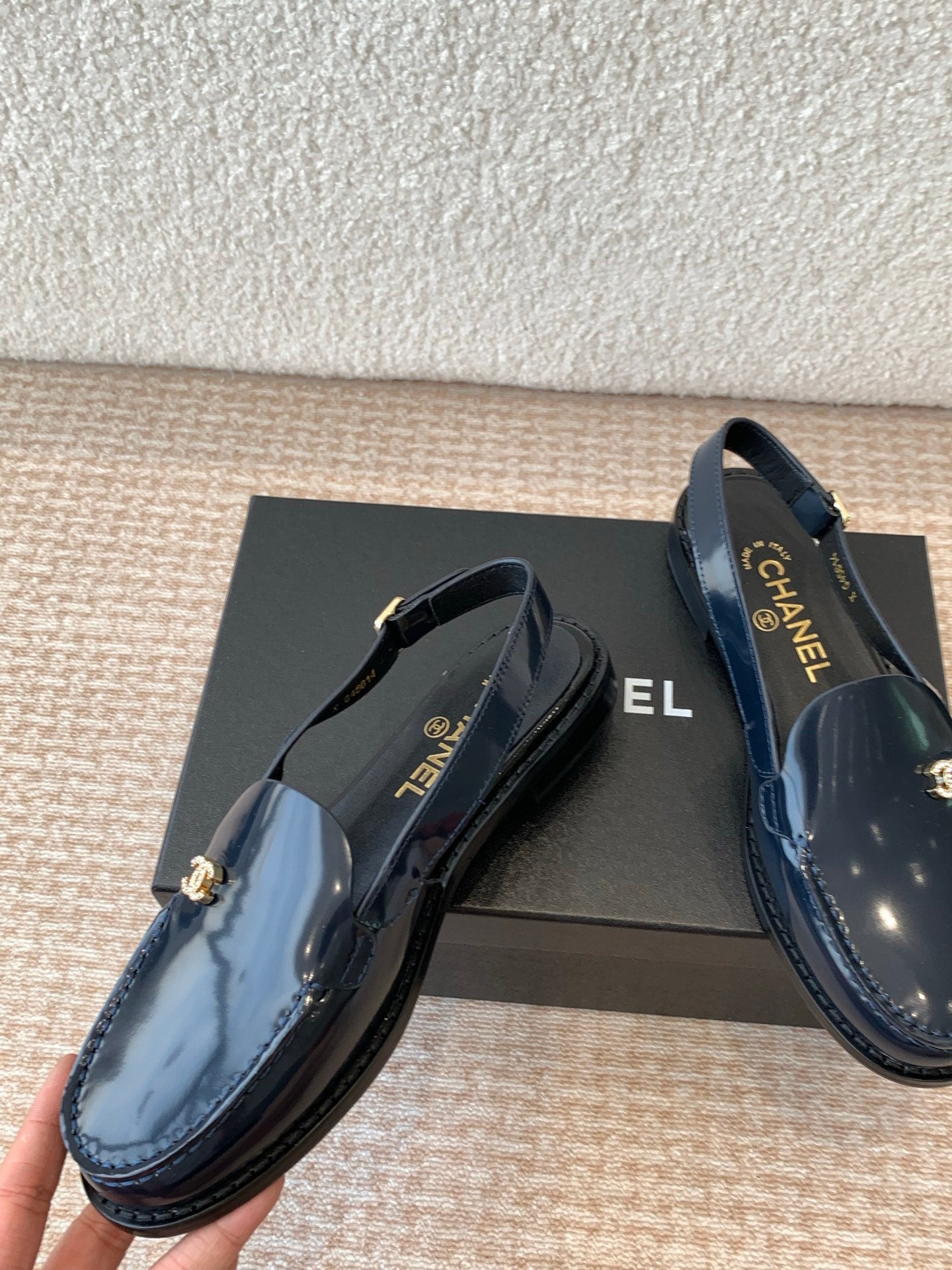 CHANEL MOASIN SLINGBACK IN AEGEAN BLUE PATENT CALFSKIN