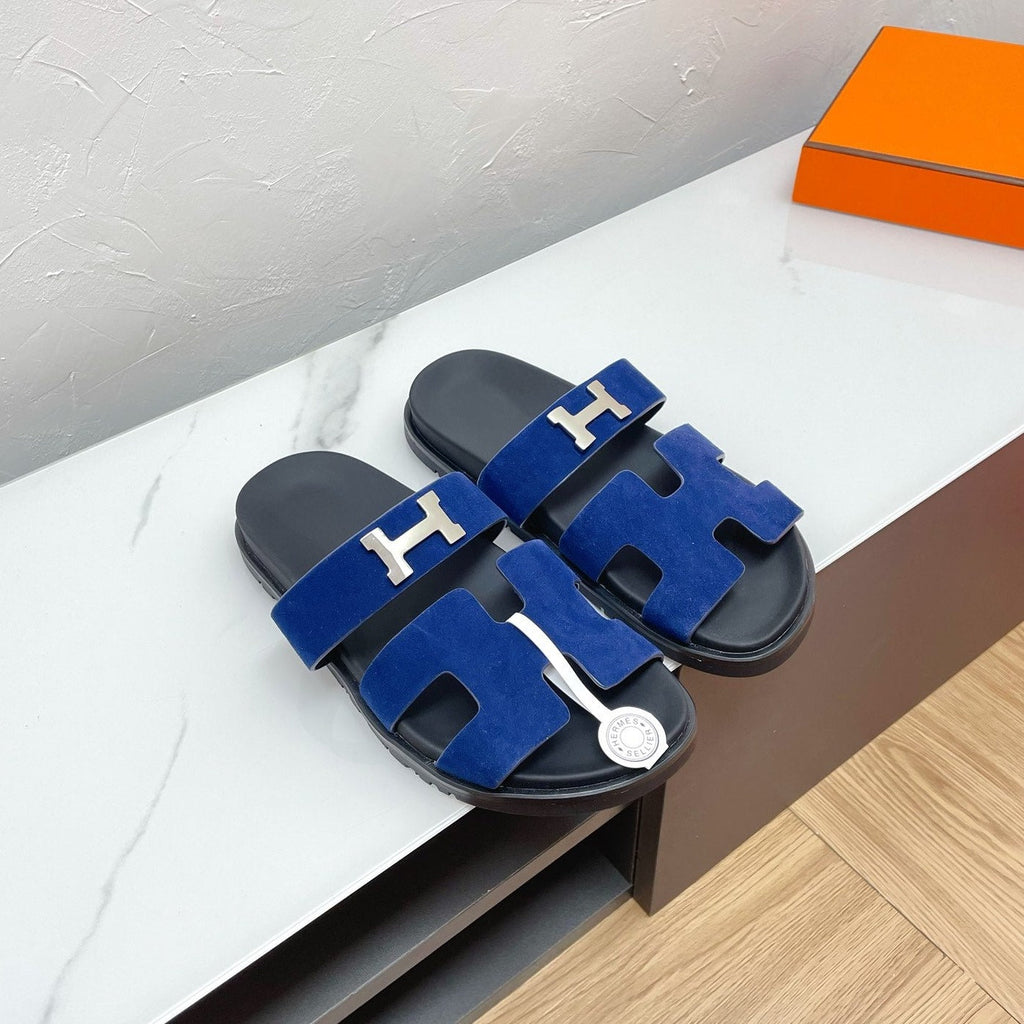 HERMES CHYPRE SANDAL AZURE SUEDE WITH H BUCKLE