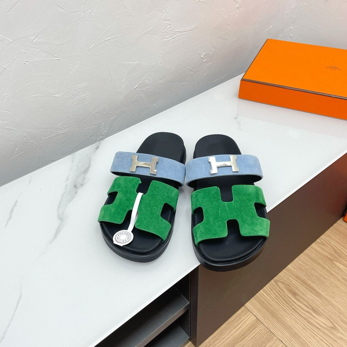 HERMES CHYPRE SANDAL OCEAN MIX SKY SUEDE WITH H BUCKLE