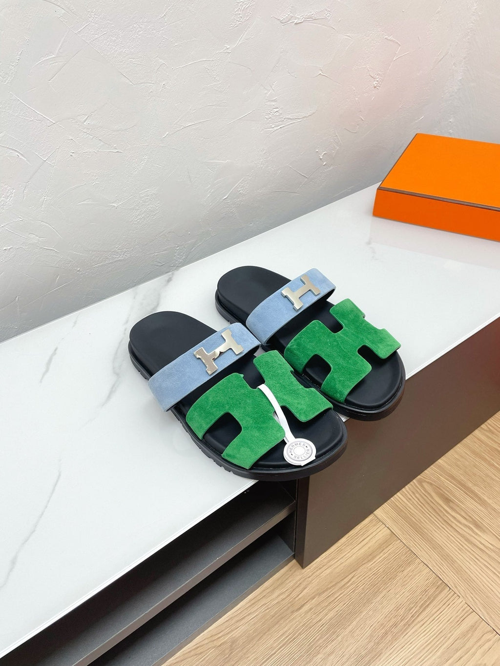 HERMES CHYPRE SANDAL OCEAN MIX SKY SUEDE WITH H BUCKLE