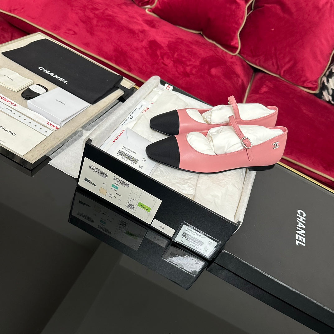 CHANEL MARY JANE HOT PINK CALFSKIN AND BLACK SATIN