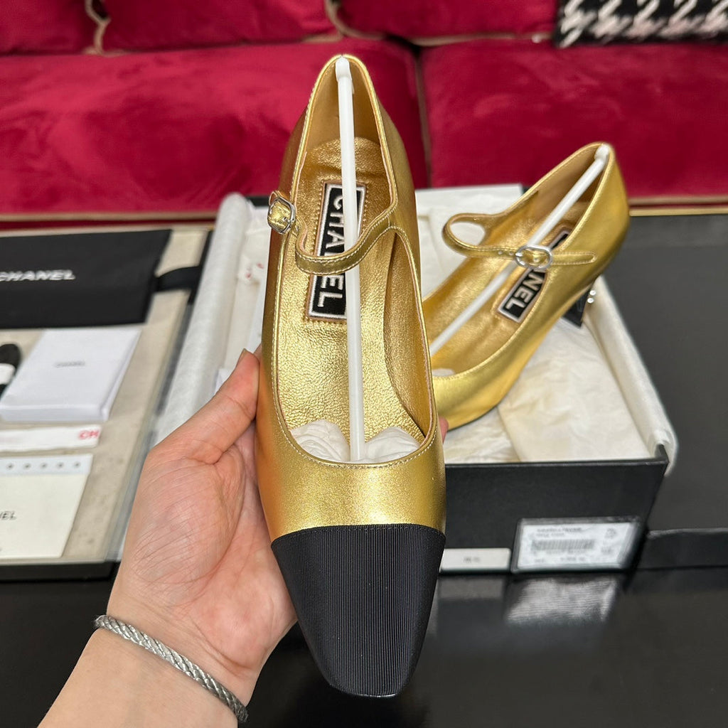 CHANEL HIGH MARY JANE IN GOLDEN CALFSKIN AND BLACK SATIN