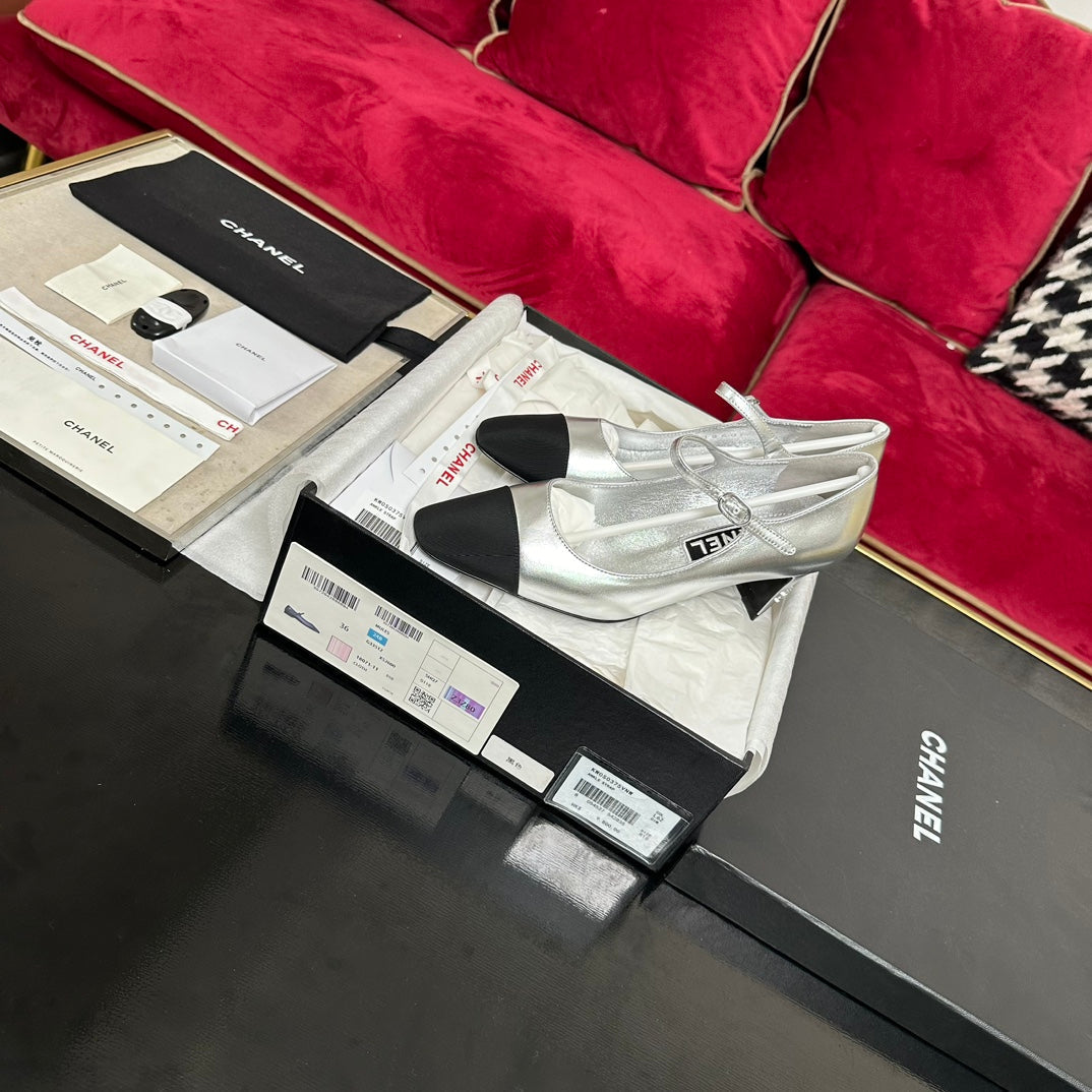 CHANEL HIGH MARY JANE IN SILVER CALFSKIN AND BLACK SATIN