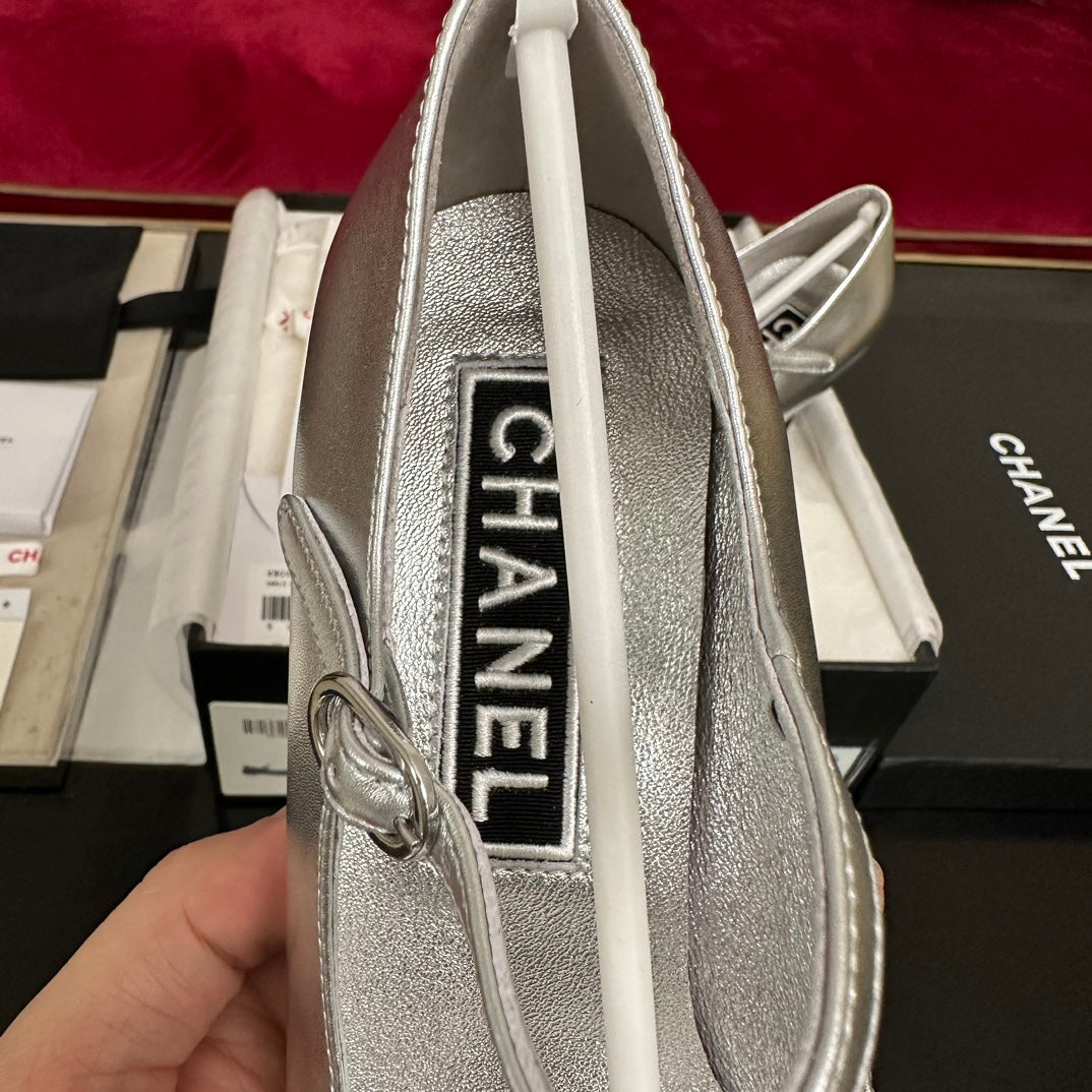 CHANEL HIGH MARY JANE IN SILVER CALFSKIN AND BLACK SATIN