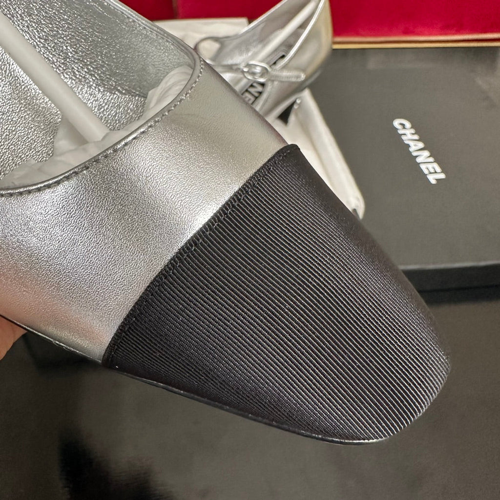 CHANEL HIGH MARY JANE IN SILVER CALFSKIN AND BLACK SATIN
