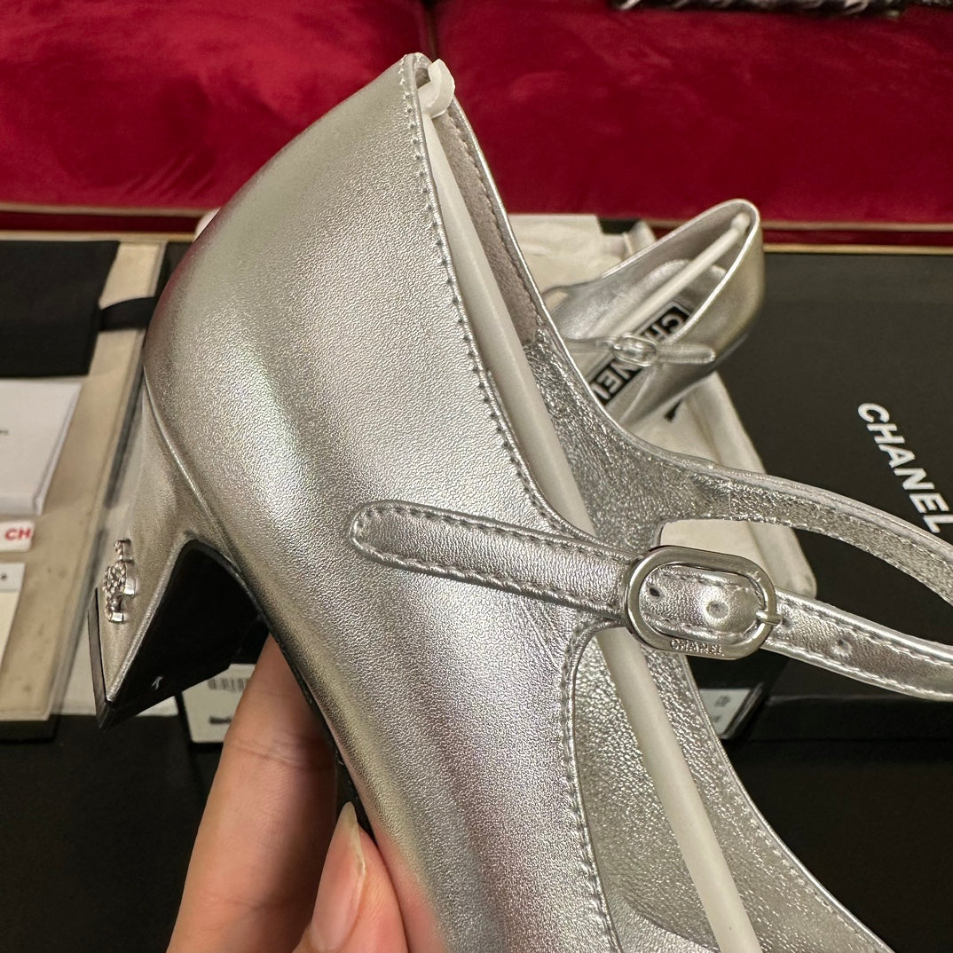 CHANEL HIGH MARY JANE IN SILVER CALFSKIN AND BLACK SATIN