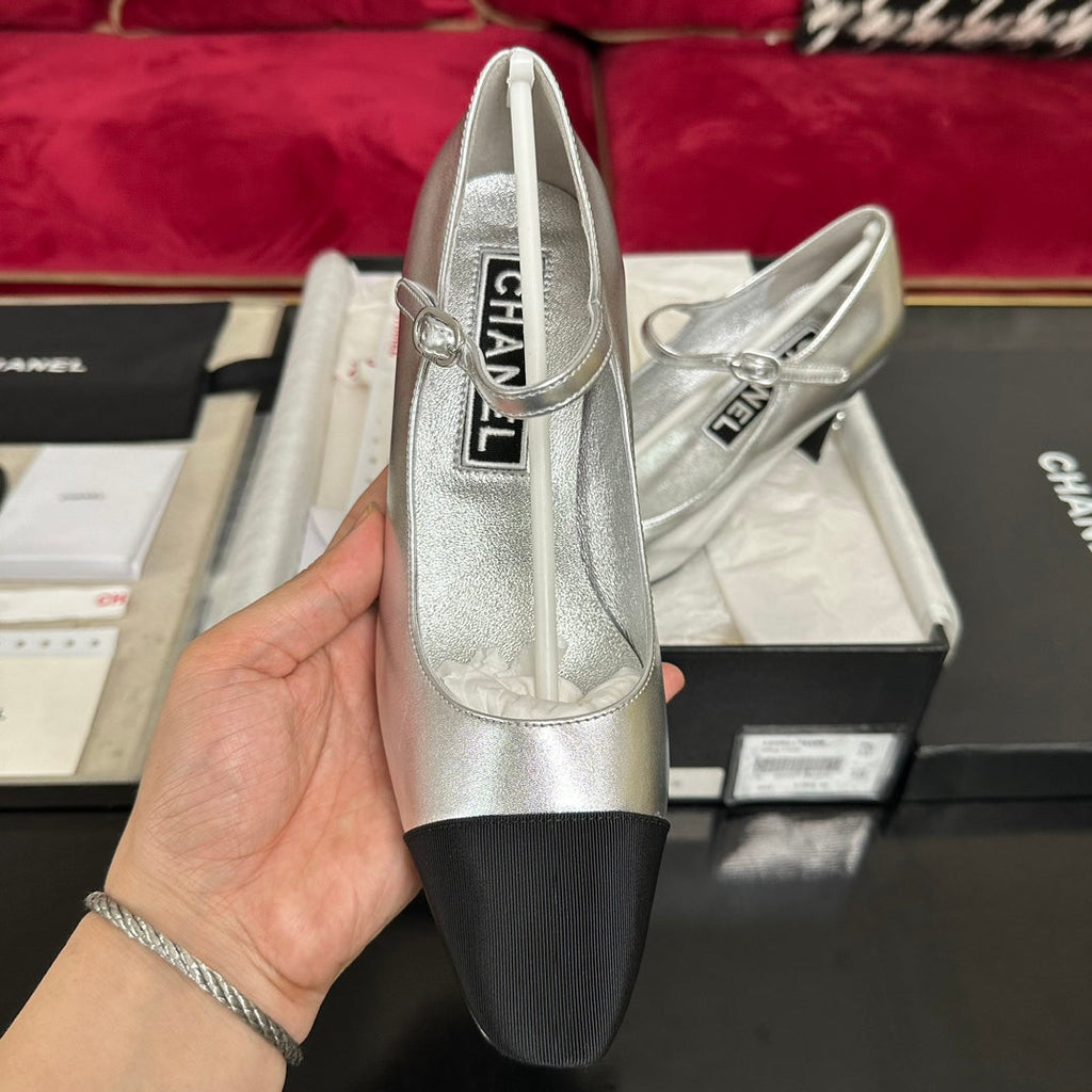 CHANEL HIGH MARY JANE IN SILVER CALFSKIN AND BLACK SATIN