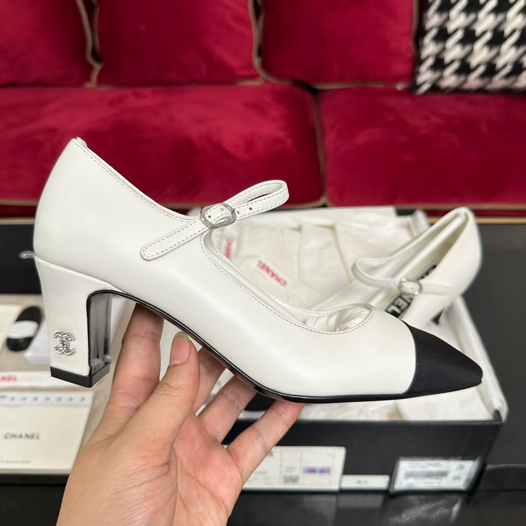 CHANEL HIGH MARY JANE IN WHITE CALFSKIN AND BLACK SATIN