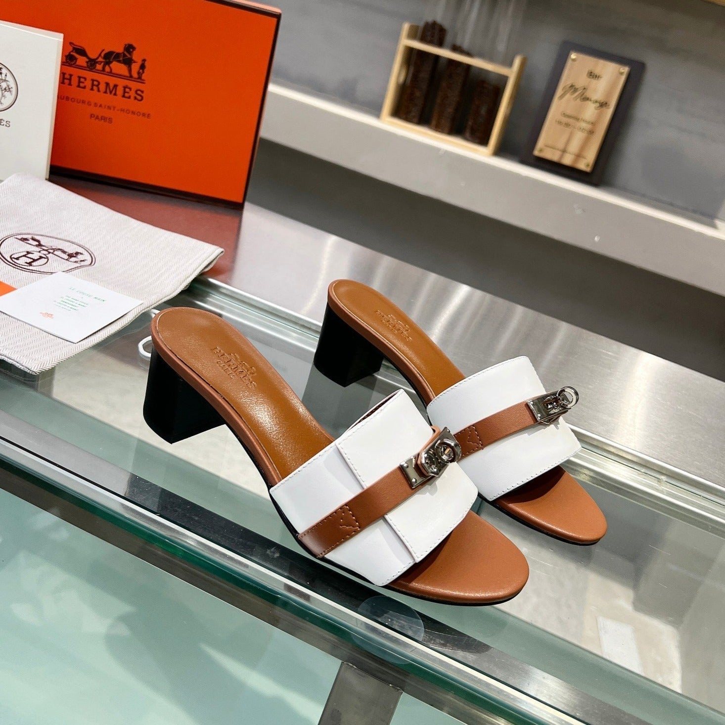 HERMES GIGI 50 SANDAL TAWNY MIX WHITE CALFSKIN