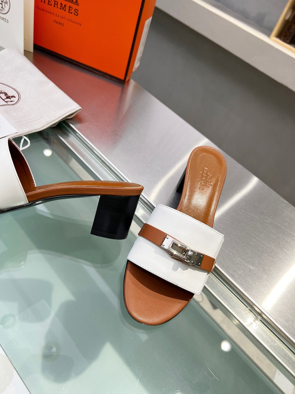 HERMES GIGI 50 SANDAL TAWNY MIX WHITE CALFSKIN