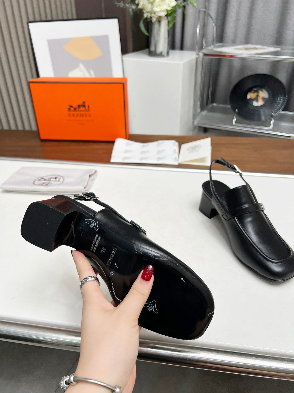 HERMES SQUARE TOE SLINGBACK BLACK CALFSKIN