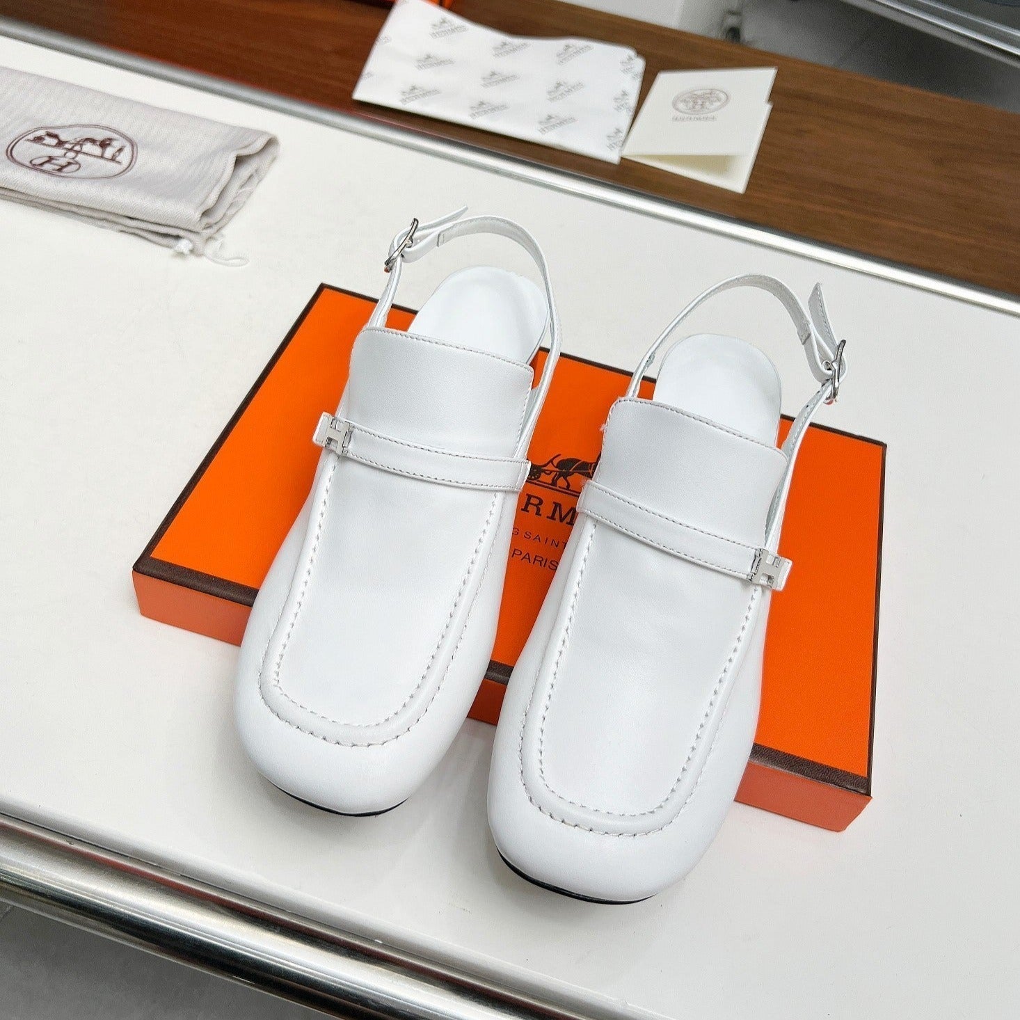 HERMES SQUARE TOE SLINGBACK SNOW CALFSKIN