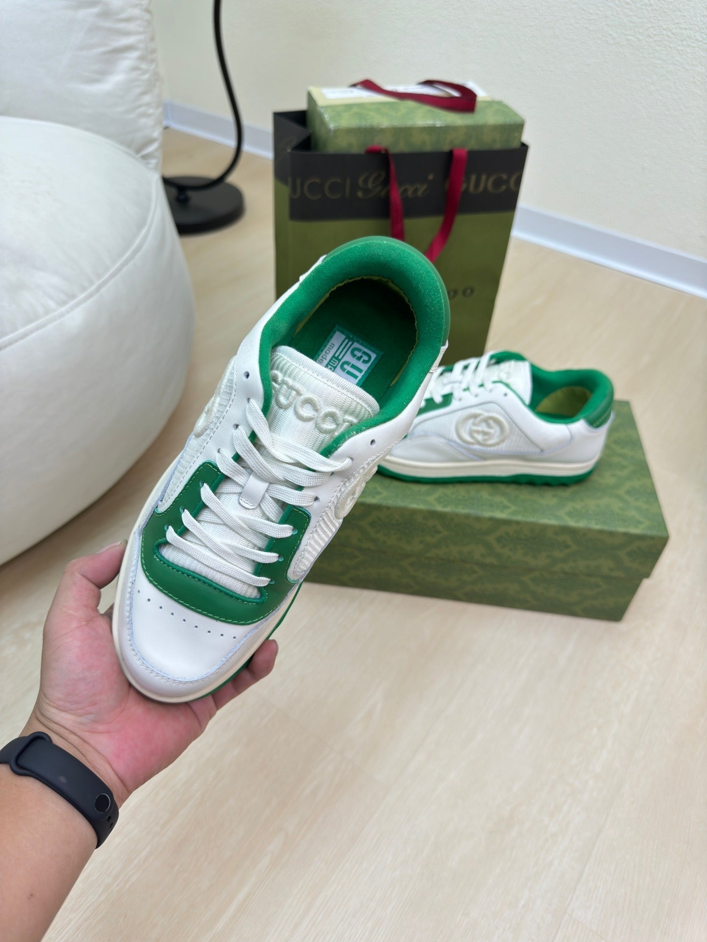 GUCCI INTERLOCKING G SNEAKER WHITE GREEN CALFSKIN AND FABRIC