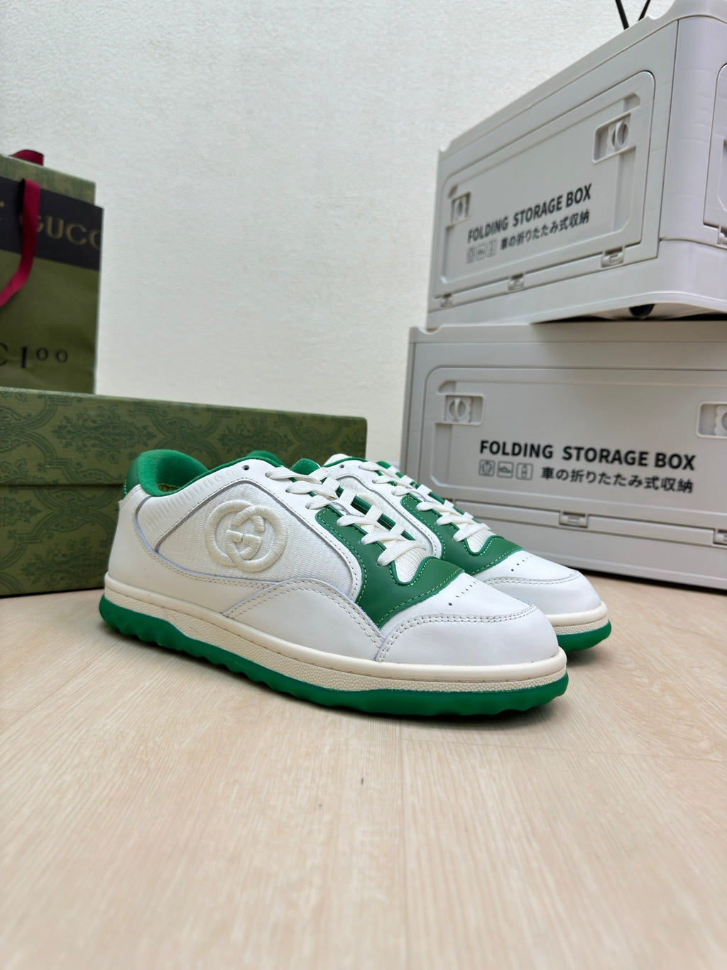 GUCCI INTERLOCKING G SNEAKER WHITE GREEN CALFSKIN AND FABRIC