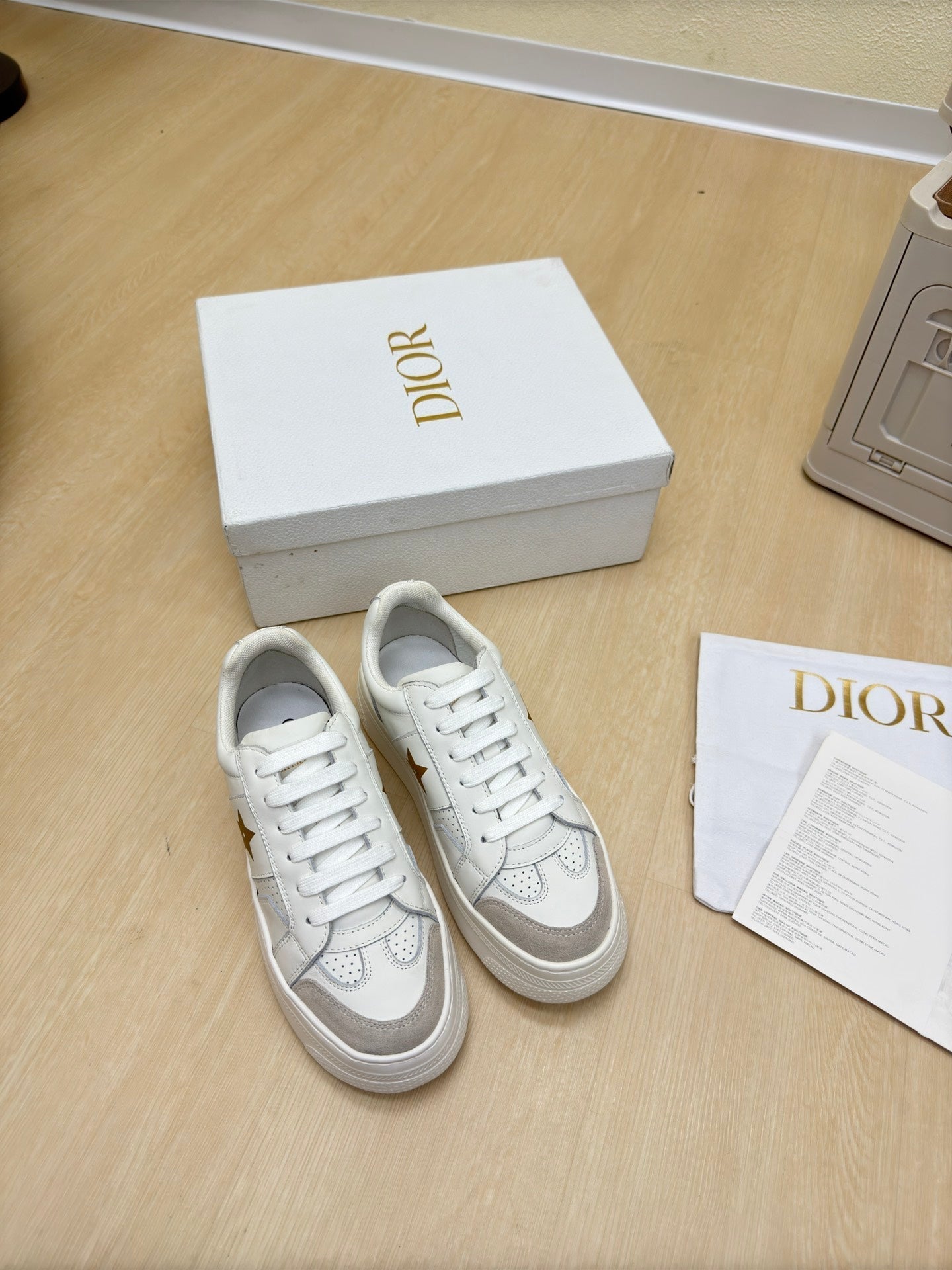 DIOR GOLD STAR PLATFORM SNEAKER IN WHITE CALFSKIN AND SUEDE