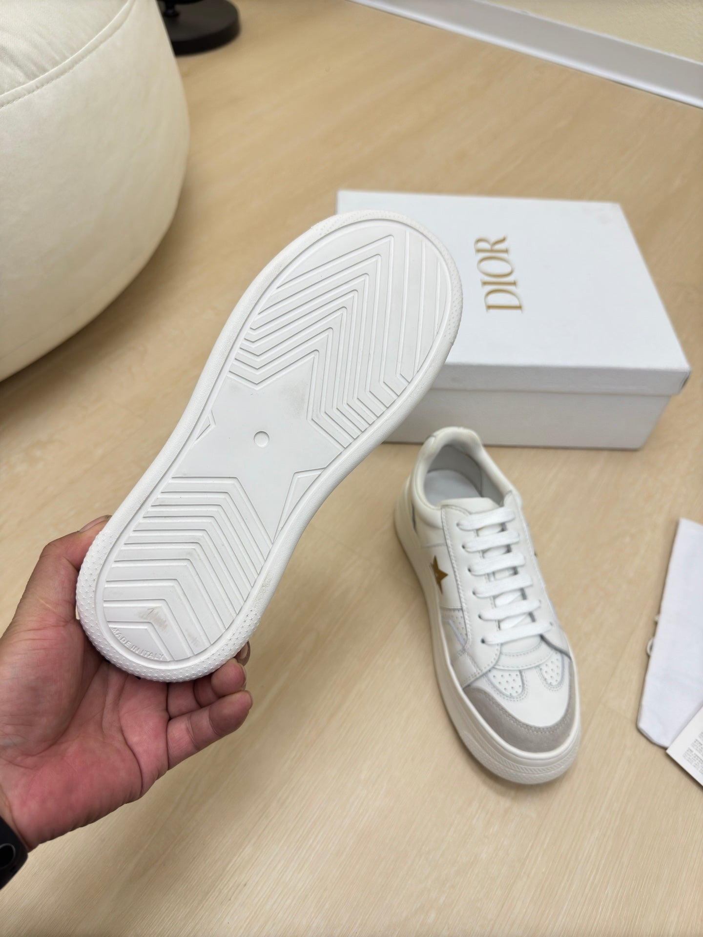DIOR GOLD STAR PLATFORM SNEAKER IN WHITE CALFSKIN AND SUEDE