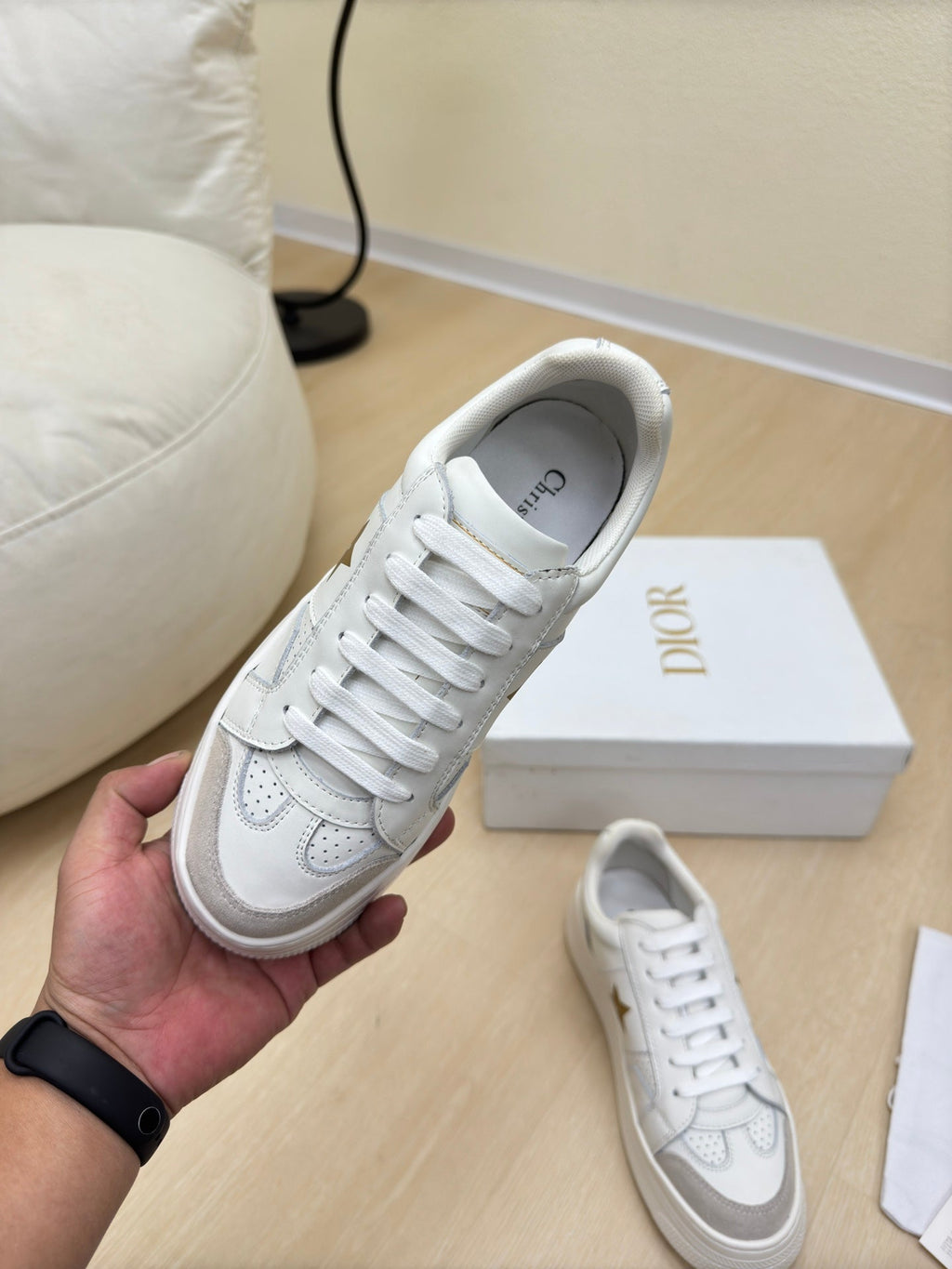 DIOR GOLD STAR PLATFORM SNEAKER IN WHITE CALFSKIN AND SUEDE