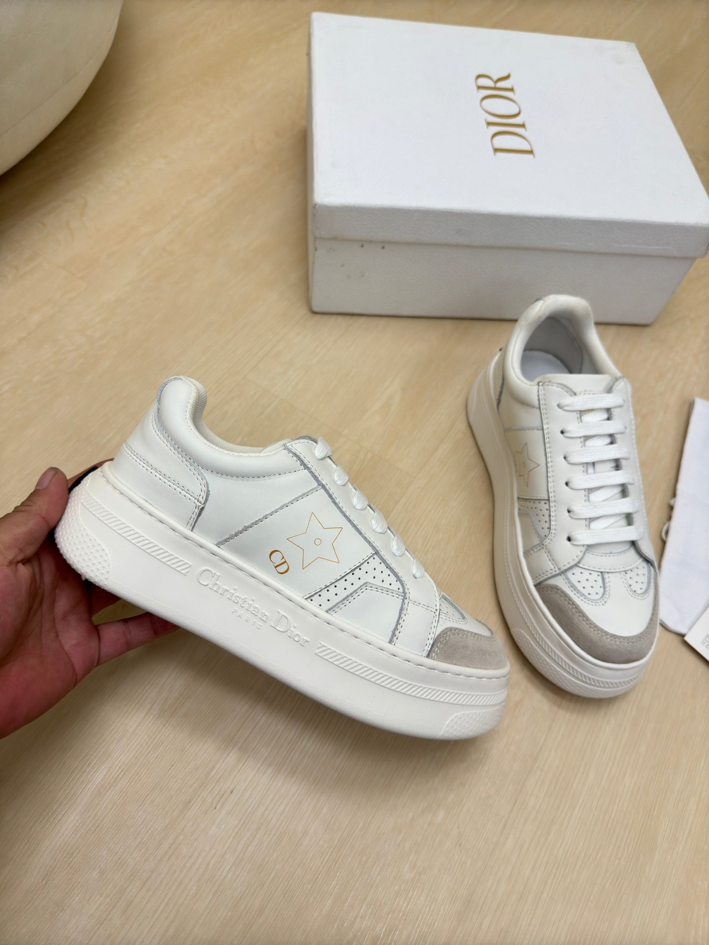 DIOR STAR PLATFORM SNEAKER IN WHITE CALFSKIN AND SUEDE