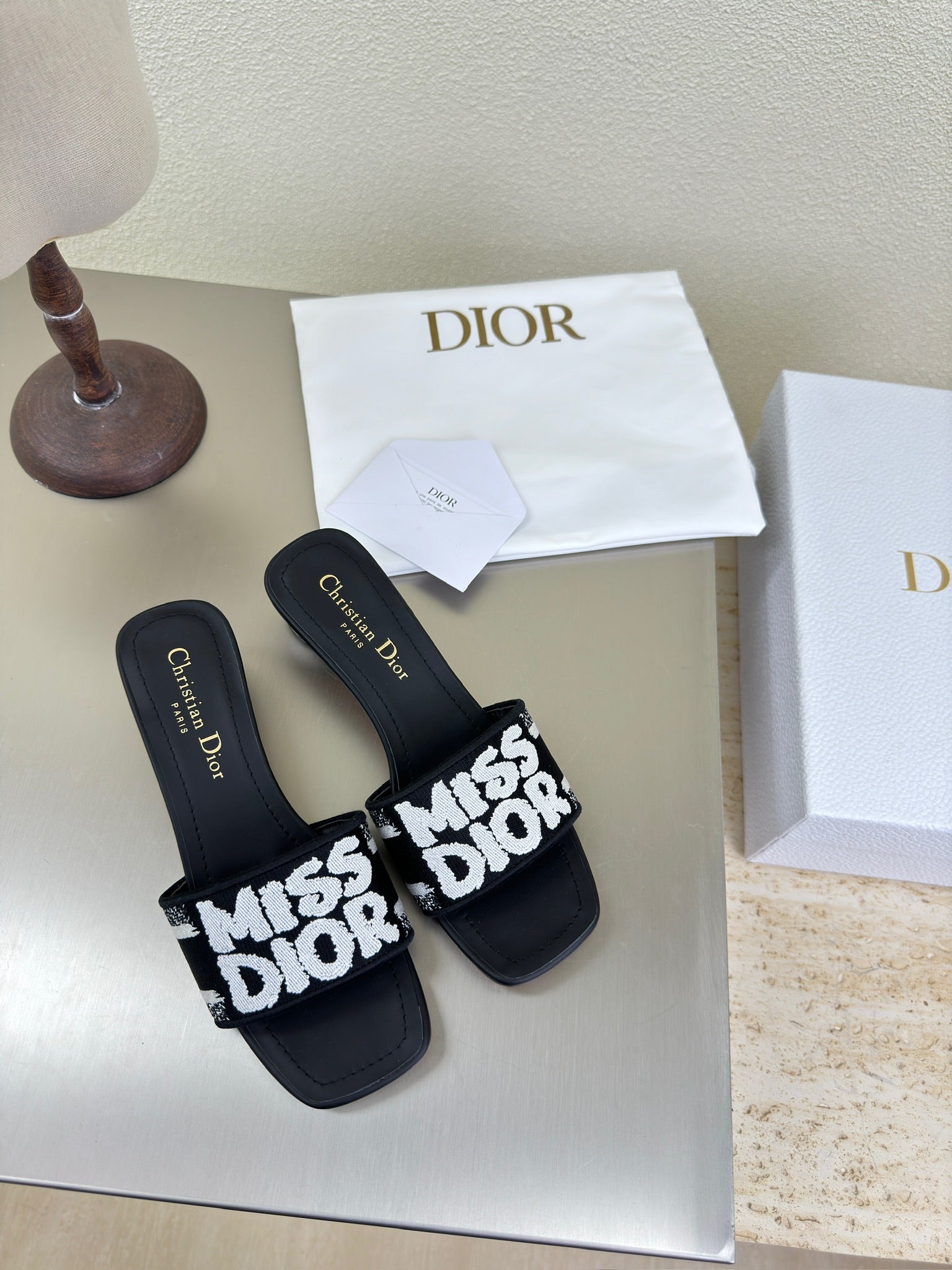 DIOR DWAY HEELED SLIDE EMBROIDERED COTTON AND BLACK MISS  ALLOVER MOTIF 35 MM