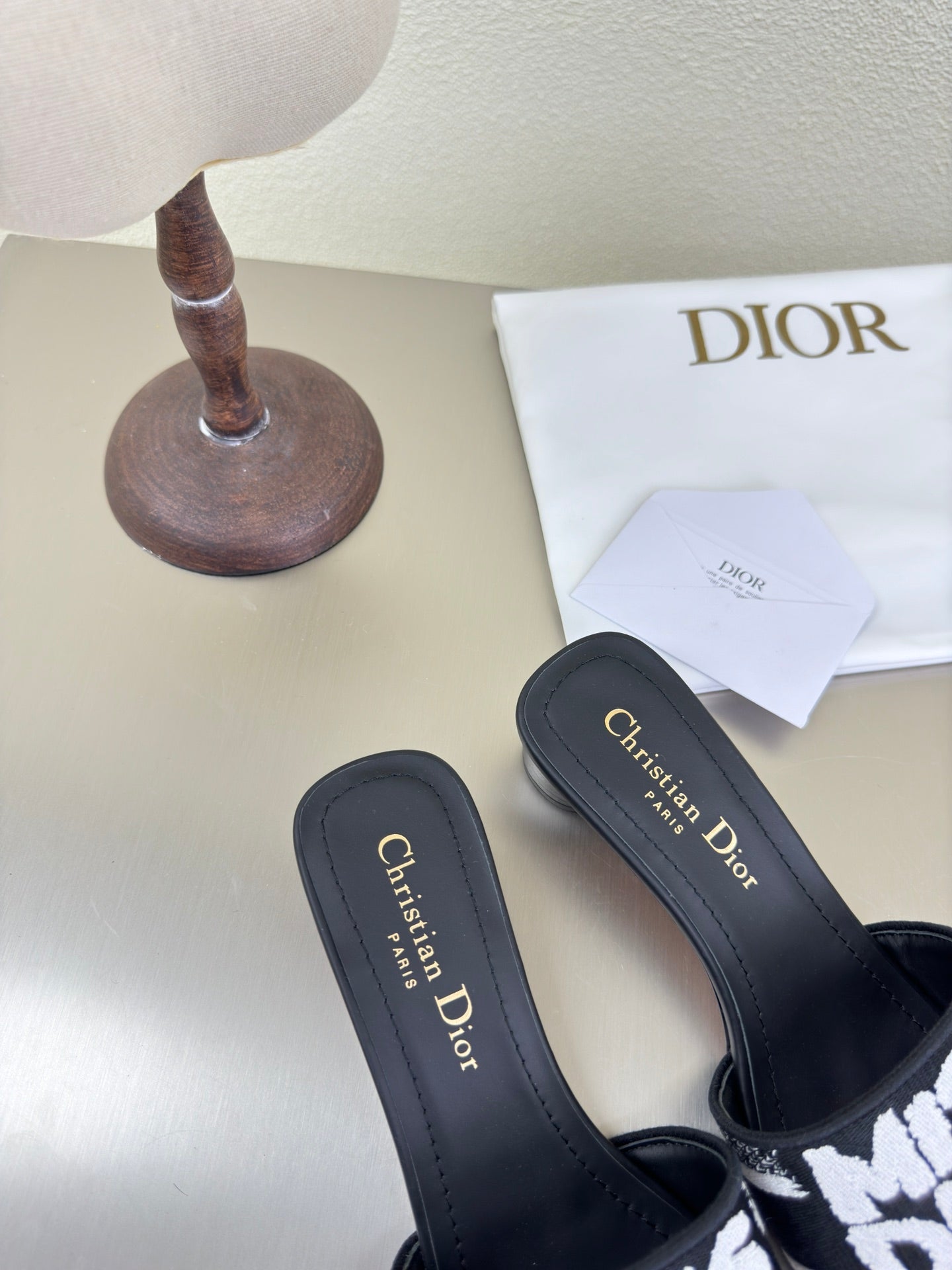 DIOR DWAY HEELED SLIDE EMBROIDERED COTTON AND BLACK MISS  ALLOVER MOTIF 35 MM
