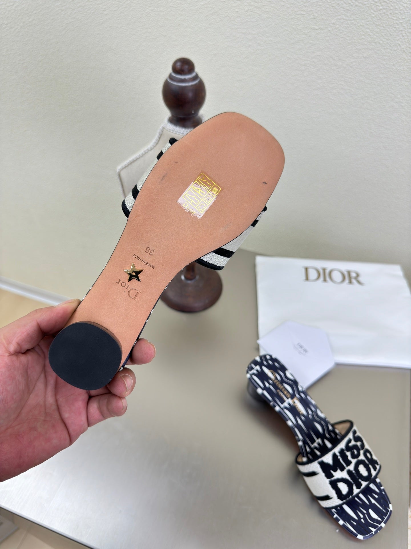 DIOR DWAY HEELED SLIDE EMBROIDERED COTTON AND NAVY BLUE MISS  ALLOVER MOTIF 35 MM