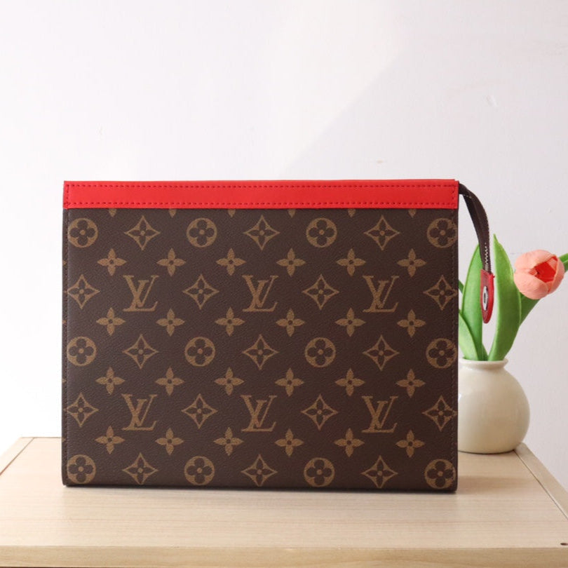 LOUIS VUITTON LV 25S POCHETTE VOYAGE 26 IN SARI RED MONOGRAM MACASSAR COATED CANVAS