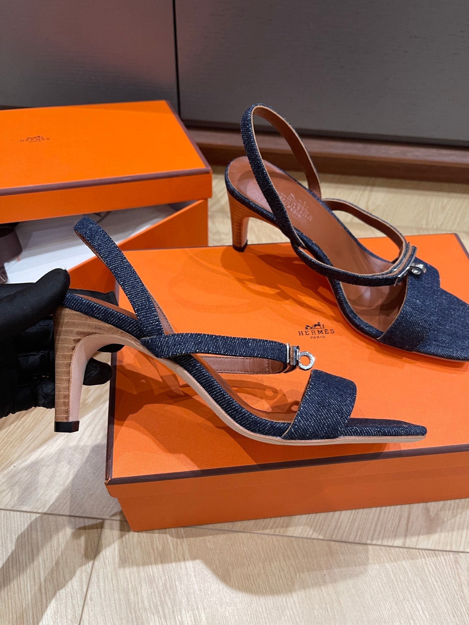 HERMES GLAMOUR 75 SANDAL DENIM CALFSKIN