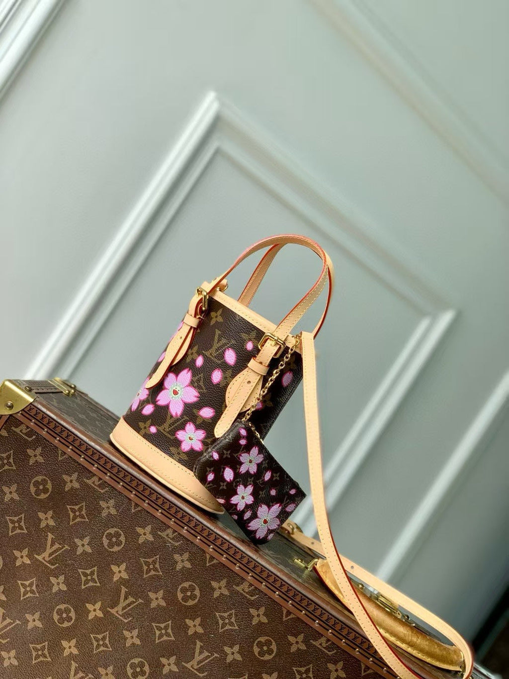 LOUIS VUITTON NANO BUCKET CHERRY BLOSSOM IN SAKURA BROWN MONOGRAM COATED CANVAS